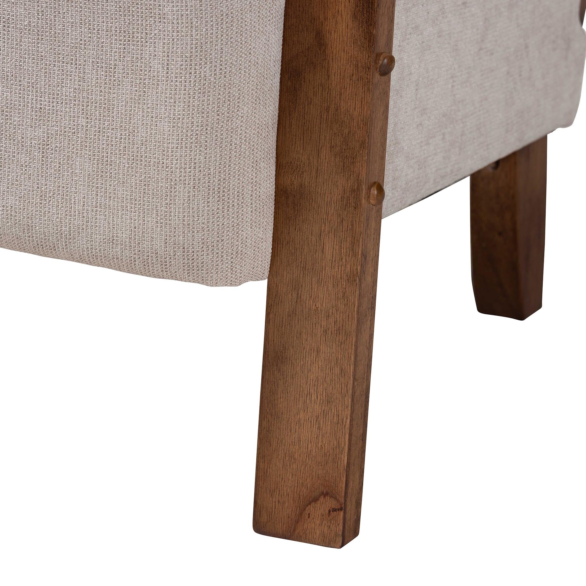 Baxton Studio Sage Modern Japandi Light Grey Fabric and Walnut Brown Finished Wood Arm Chair with Woven Rattan - Image 7