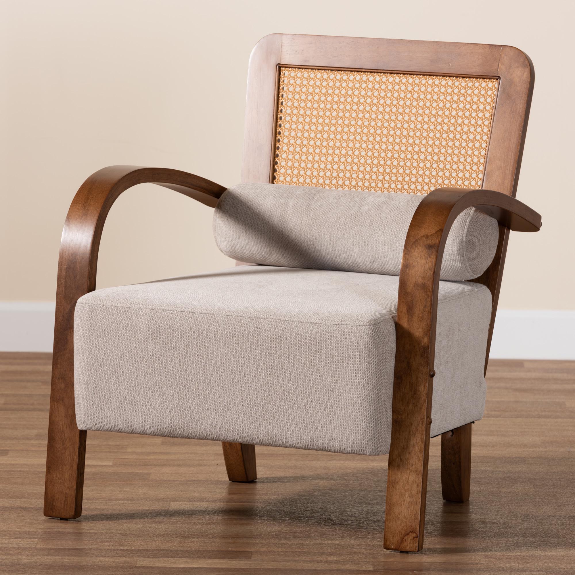 Baxton Studio Sage Modern Japandi Light Grey Fabric and Walnut Brown Finished Wood Arm Chair with Woven Rattan - Image 9