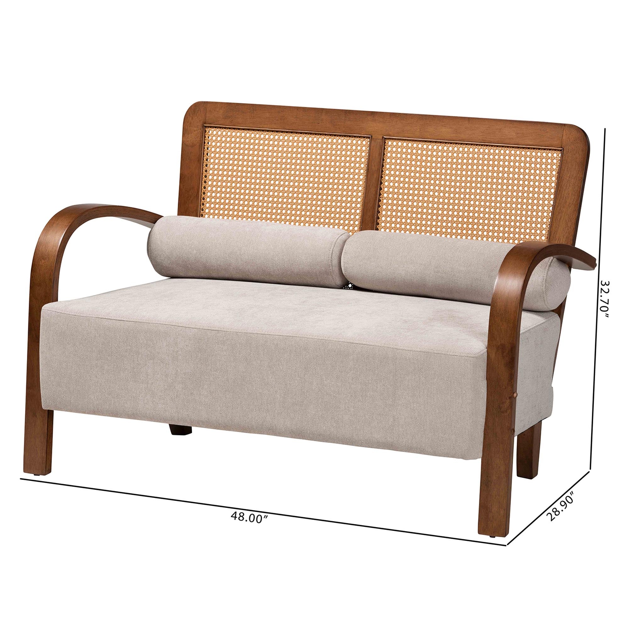 Baxton Studio Sage Modern Japandi Light Grey Fabric and Walnut Brown Finished Wood Loveseat with Woven Rattan - Image 10