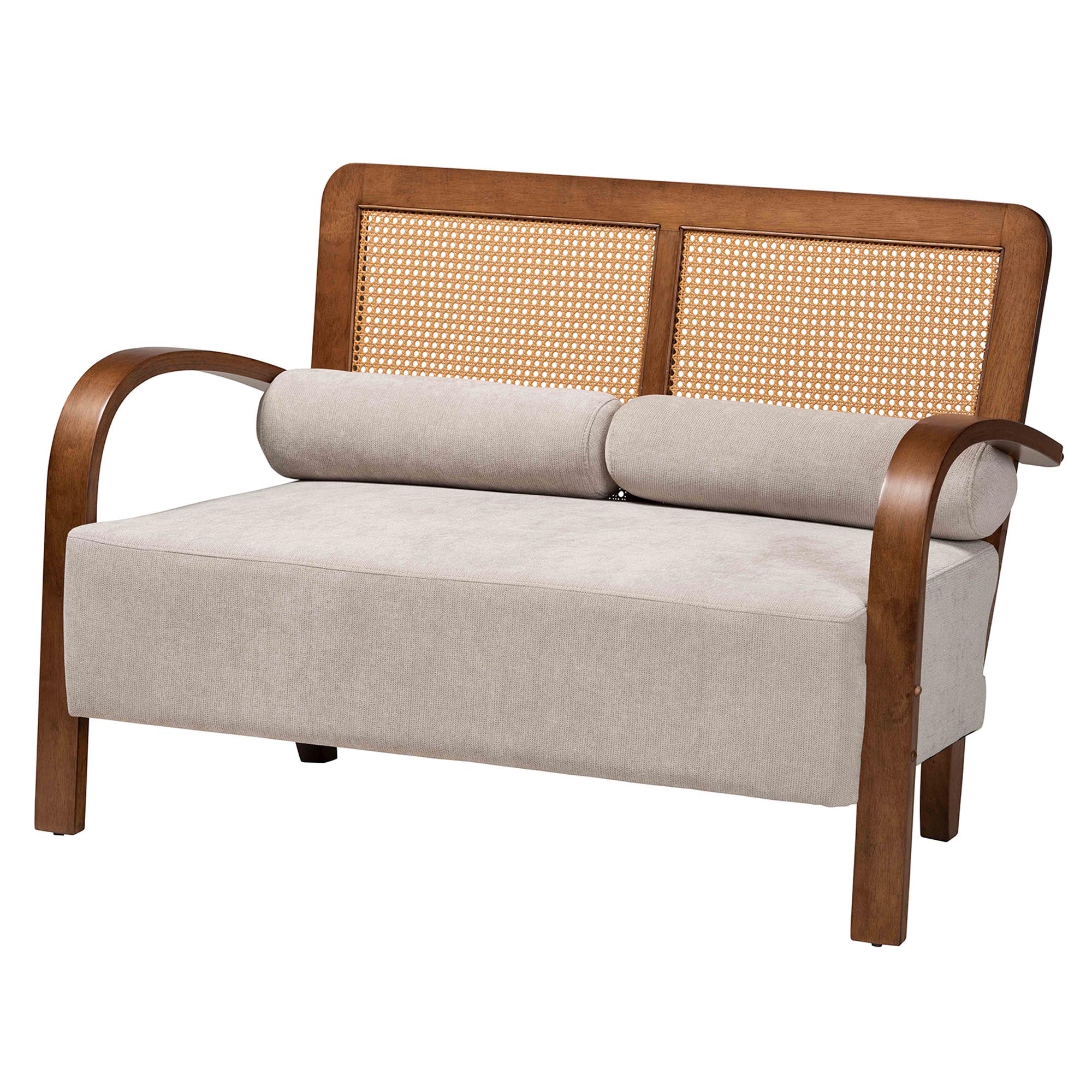 Baxton Studio Sage Modern Japandi Light Grey Fabric and Walnut Brown Finished Wood Loveseat with Woven Rattan - Image 2