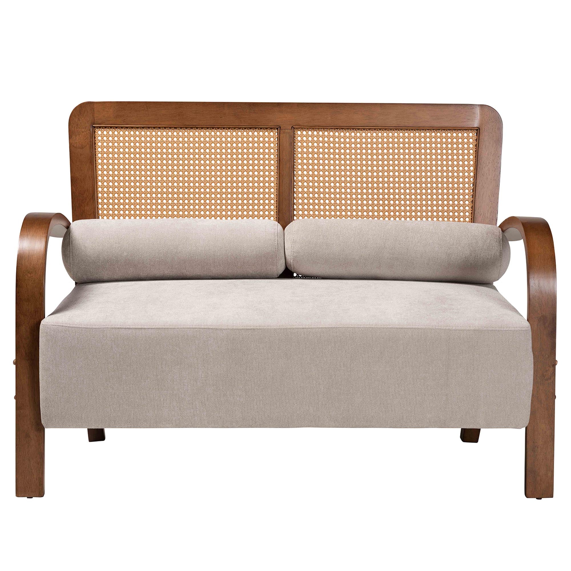 Baxton Studio Sage Modern Japandi Light Grey Fabric and Walnut Brown Finished Wood Loveseat with Woven Rattan - Image 3