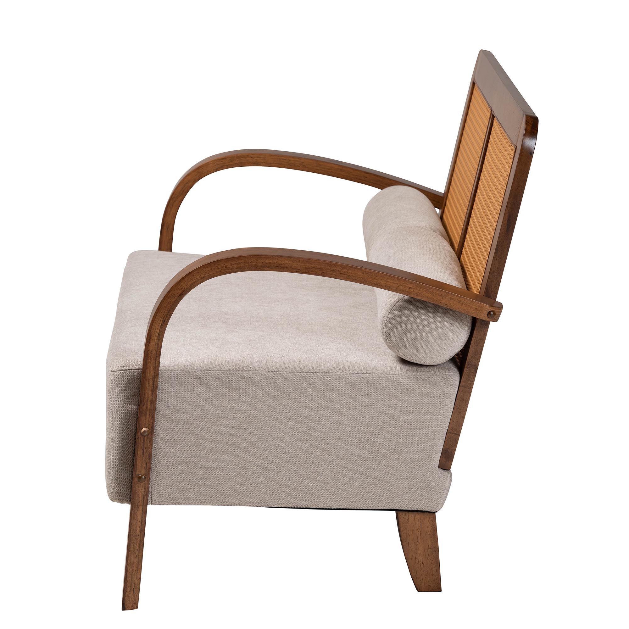 Baxton Studio Sage Modern Japandi Light Grey Fabric and Walnut Brown Finished Wood Loveseat with Woven Rattan - Image 4