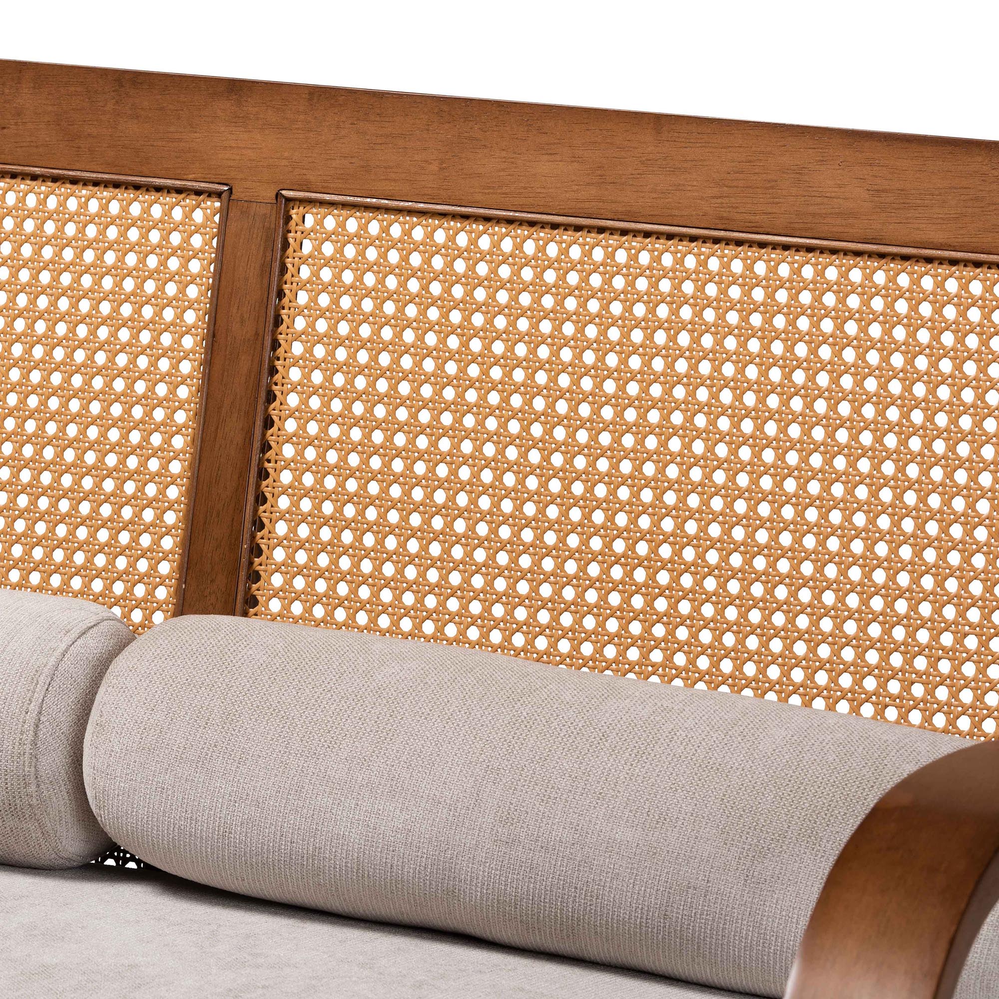 Baxton Studio Sage Modern Japandi Light Grey Fabric and Walnut Brown Finished Wood Loveseat with Woven Rattan - Image 6