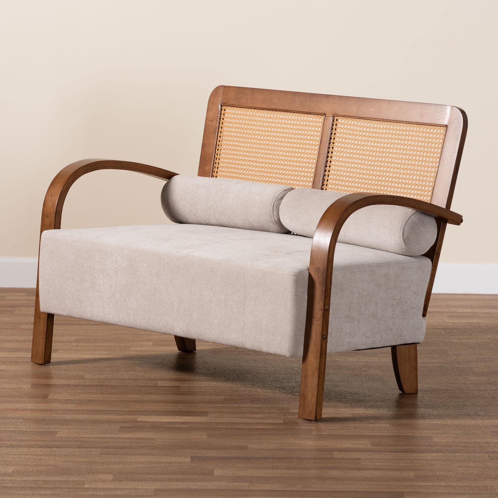 Baxton Studio Sage Modern Japandi Light Grey Fabric and Walnut Brown Finished Wood Loveseat with Woven Rattan - Image 9