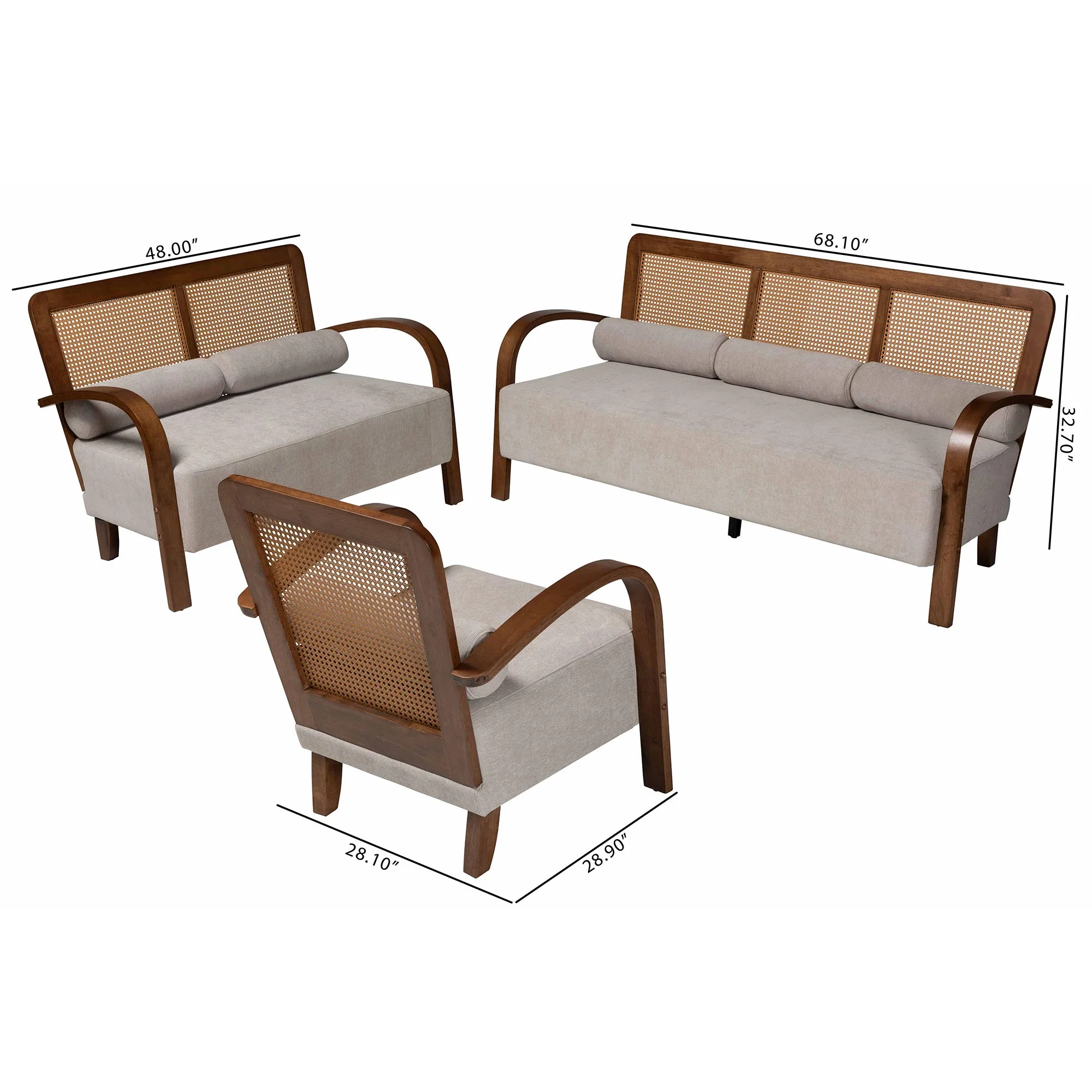Baxton Studio Sage Modern Japandi Light Grey Fabric and Walnut Brown Finished Wood Sofa with Woven Rattan - Image 10
