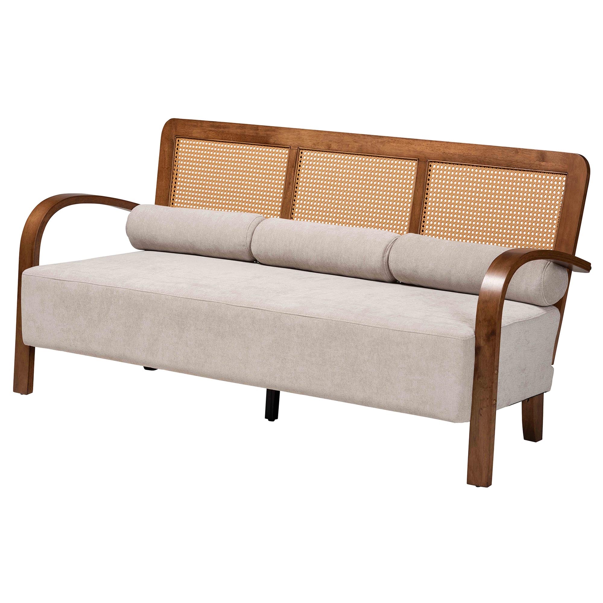 Baxton Studio Sage Modern Japandi Light Grey Fabric and Walnut Brown Finished Wood Sofa with Woven Rattan - Image 2