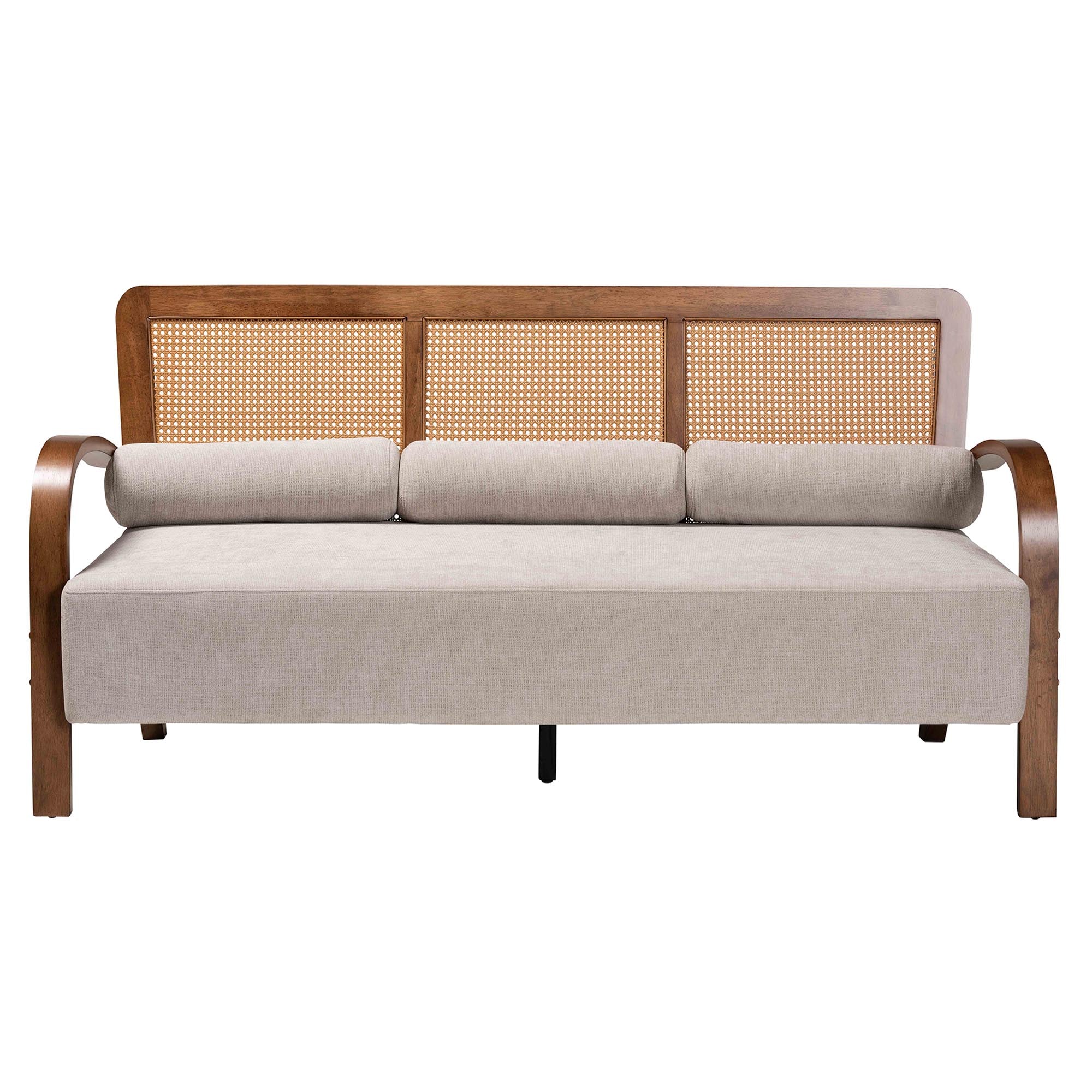 Baxton Studio Sage Modern Japandi Light Grey Fabric and Walnut Brown Finished Wood Sofa with Woven Rattan - Image 3