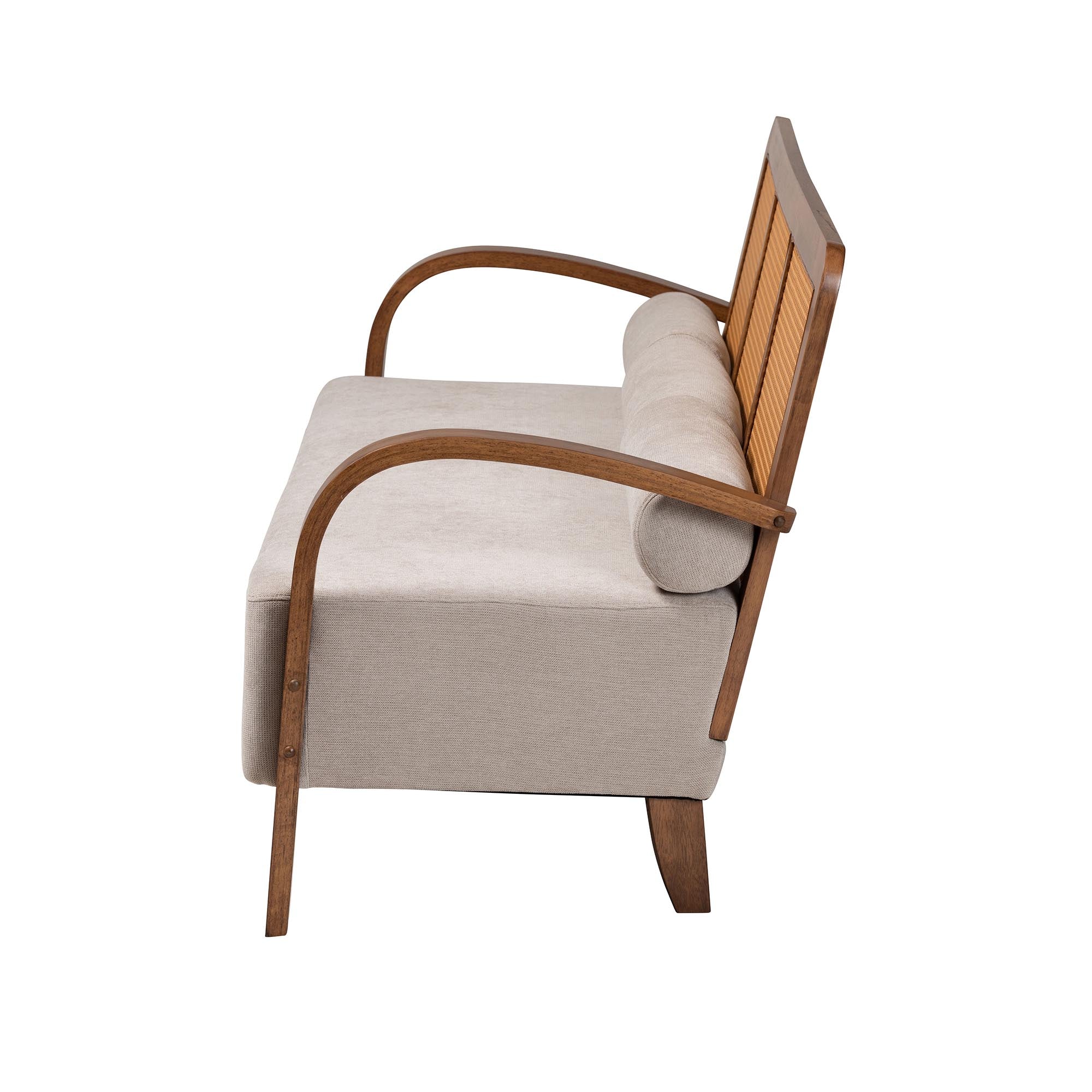 Baxton Studio Sage Modern Japandi Light Grey Fabric and Walnut Brown Finished Wood Sofa with Woven Rattan - Image 4