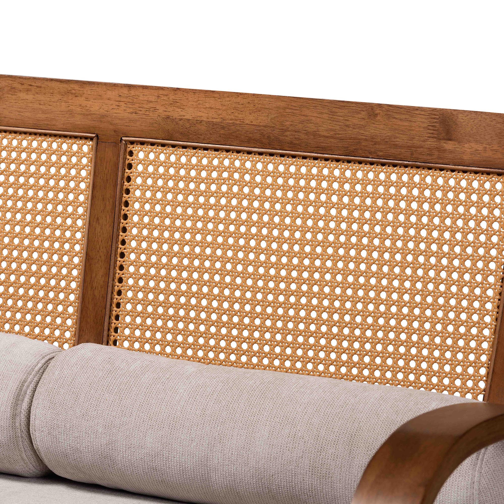 Baxton Studio Sage Modern Japandi Light Grey Fabric and Walnut Brown Finished Wood Sofa with Woven Rattan - Image 6