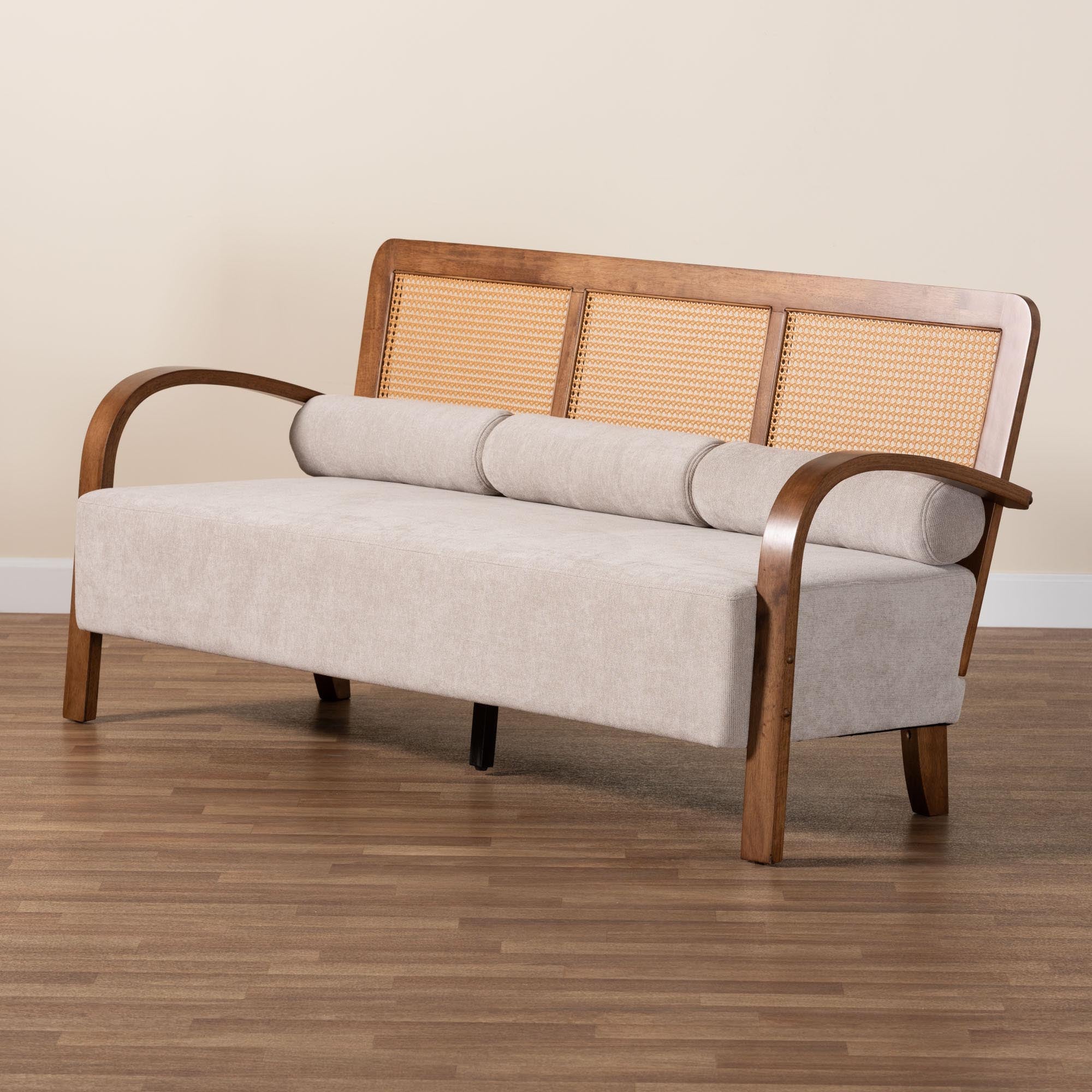 Baxton Studio Sage Modern Japandi Light Grey Fabric and Walnut Brown Finished Wood Sofa with Woven Rattan - Image 9