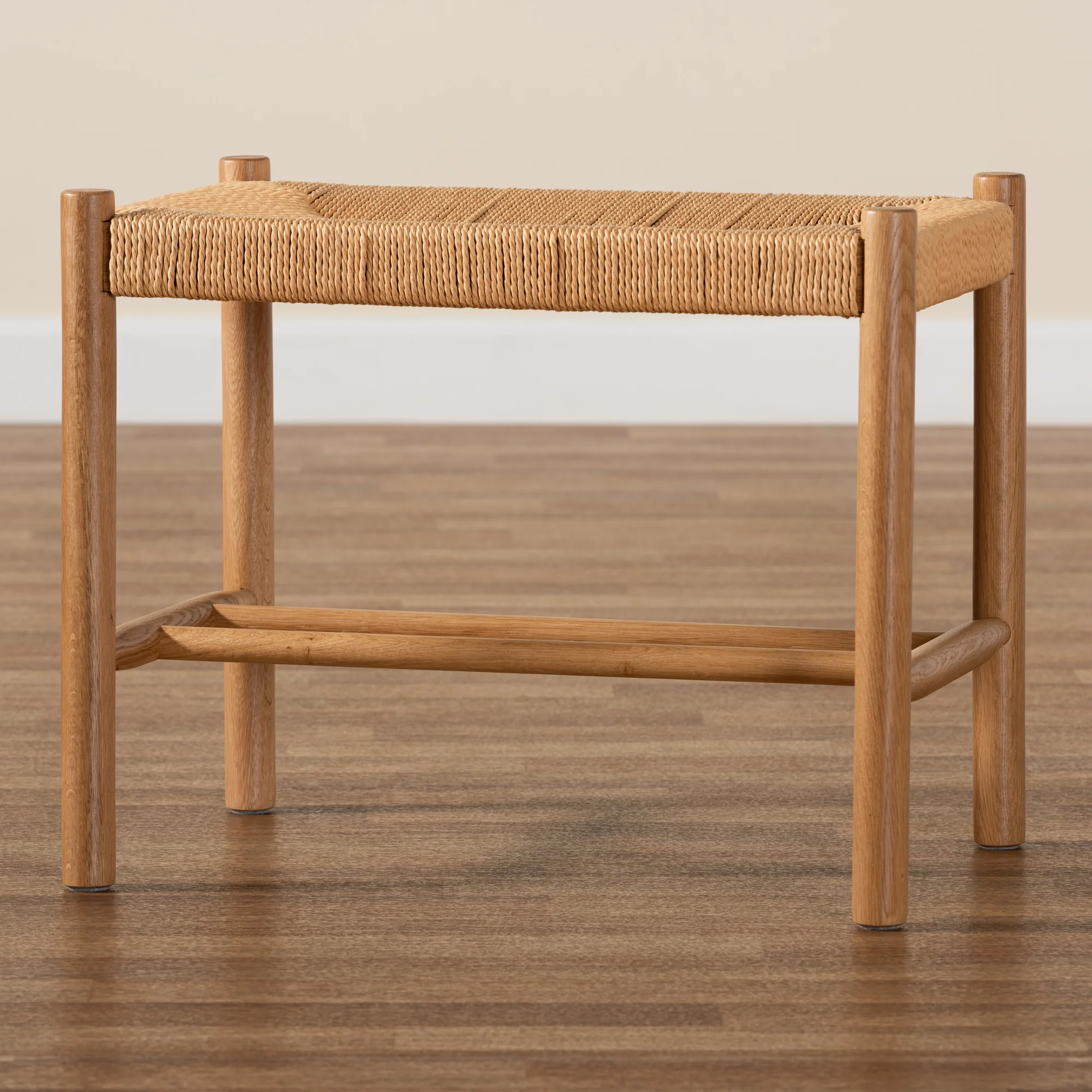 Baxton Studio Saura Mid-Century Modern Oak Brown Finished Wood and Hemp Accent Bench - Image 8