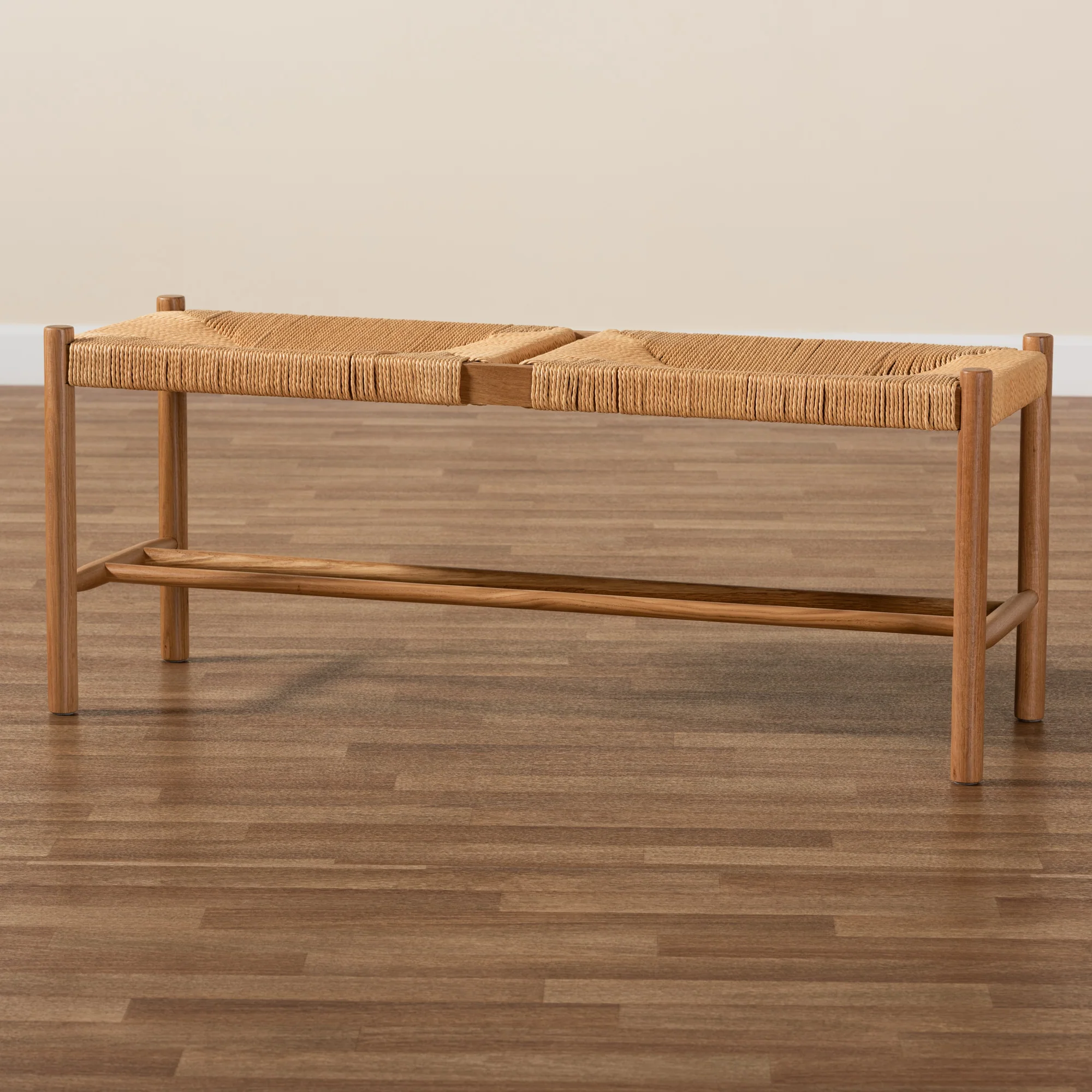Baxton Studio Saura Mid-Century Modern Oak Brown Finished Wood and Hemp Dining Bench - Image 8