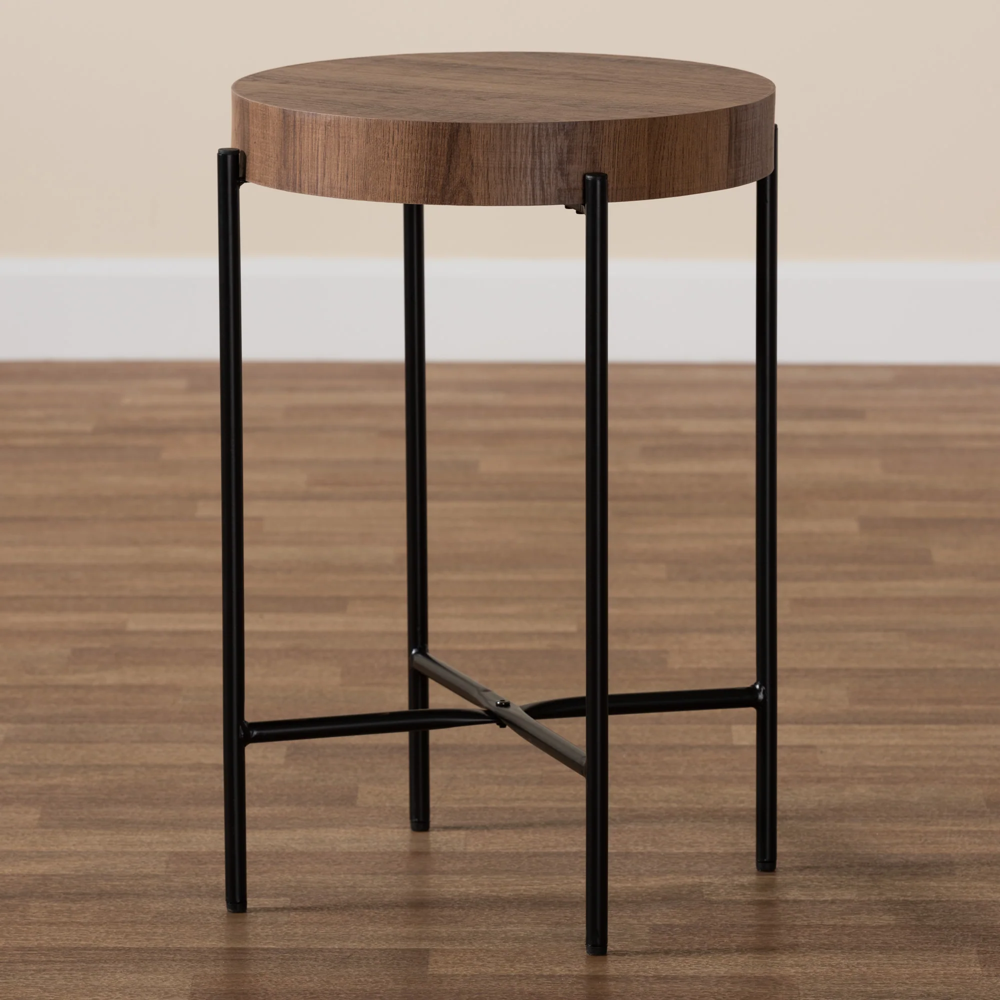 Baxton Studio Savion Modern Industrial Walnut Brown Finished Wood and Black Metal End Table - Image 6