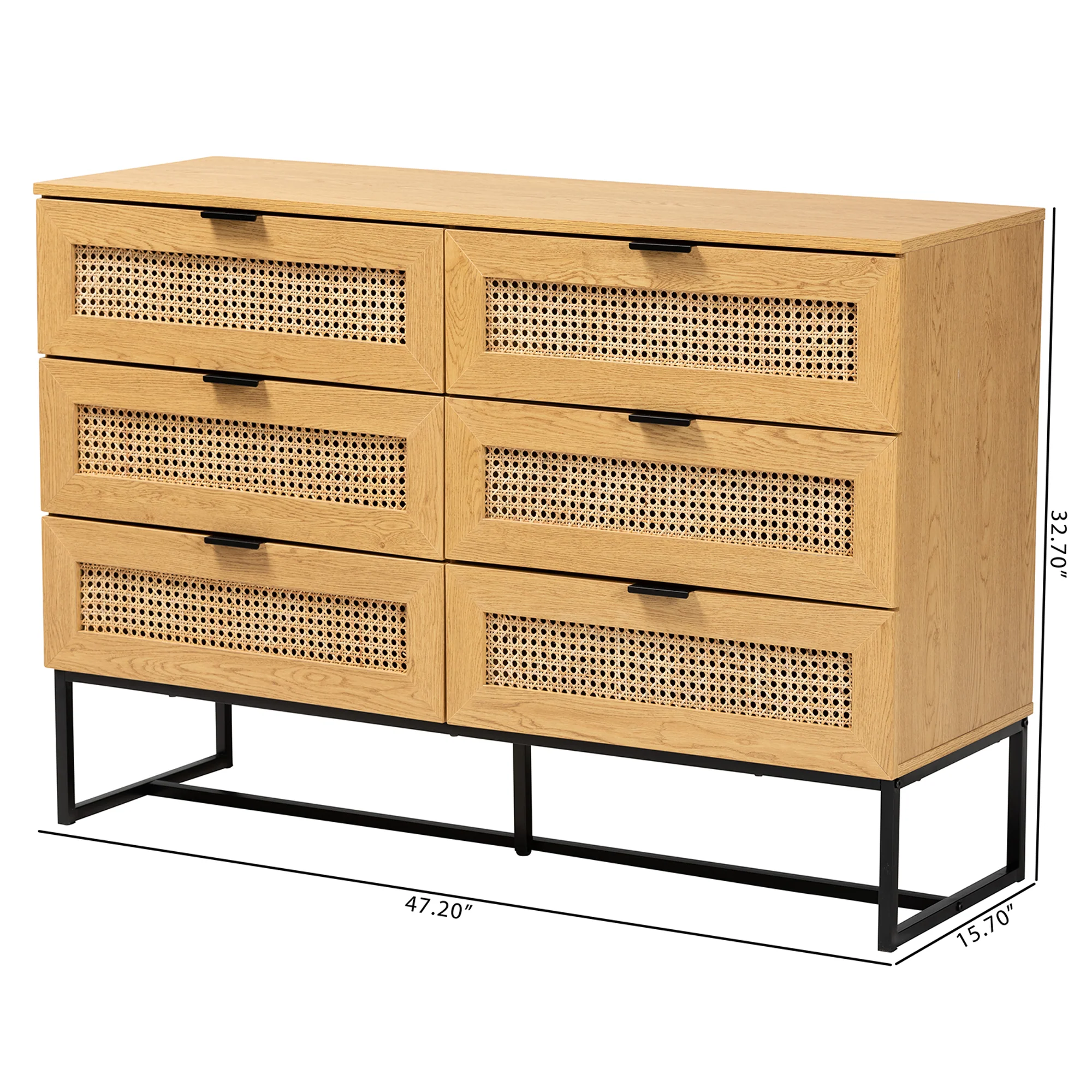 Baxton Studio Sawyer Mid-Century Modern Industrial Oak Brown Finished Wood and Black Metal 6-Drawer Storage Cabinet with Natural Rattan - Image 10