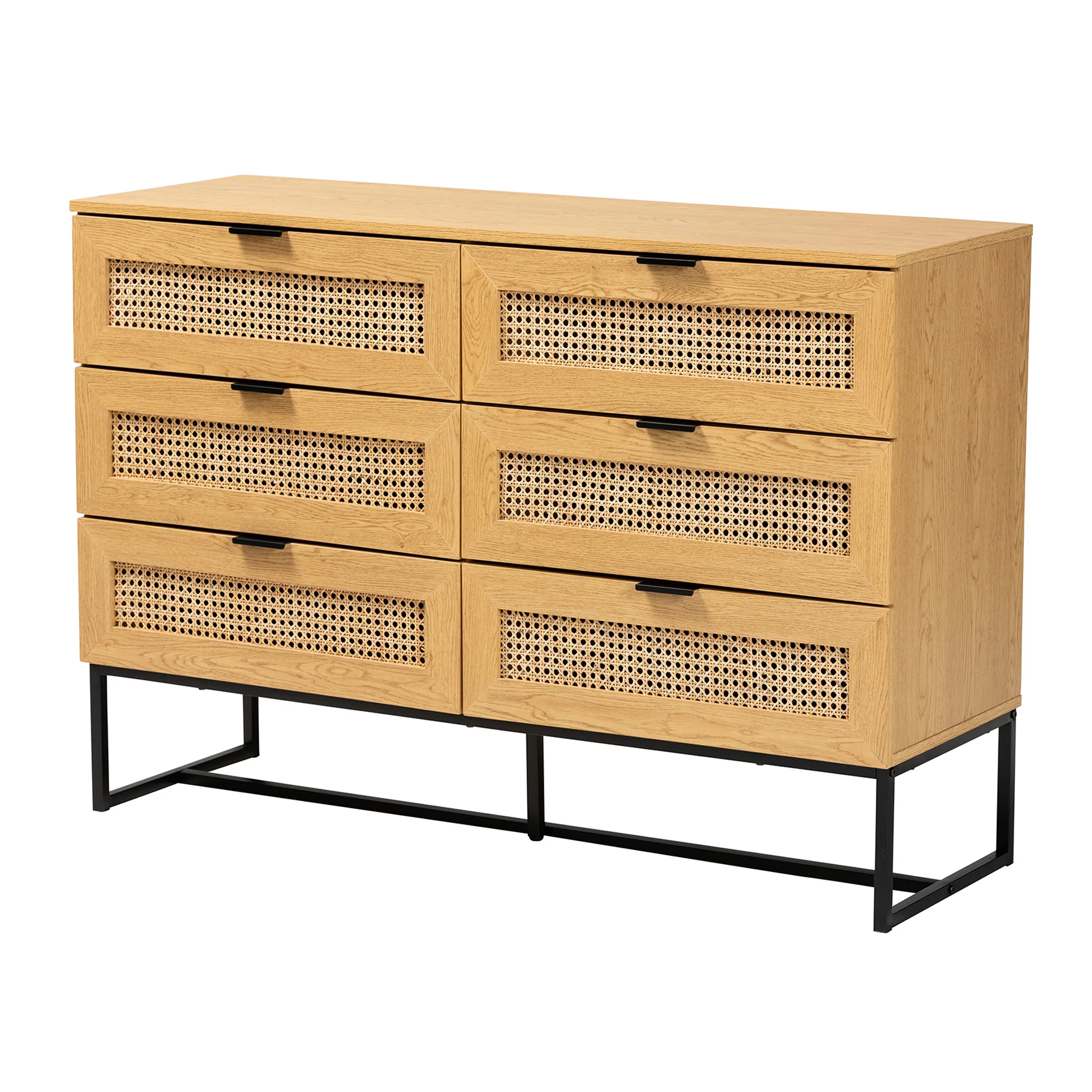Baxton Studio Sawyer Mid-Century Modern Industrial Oak Brown Finished Wood and Black Metal 6-Drawer Storage Cabinet with Natural Rattan - Image 2