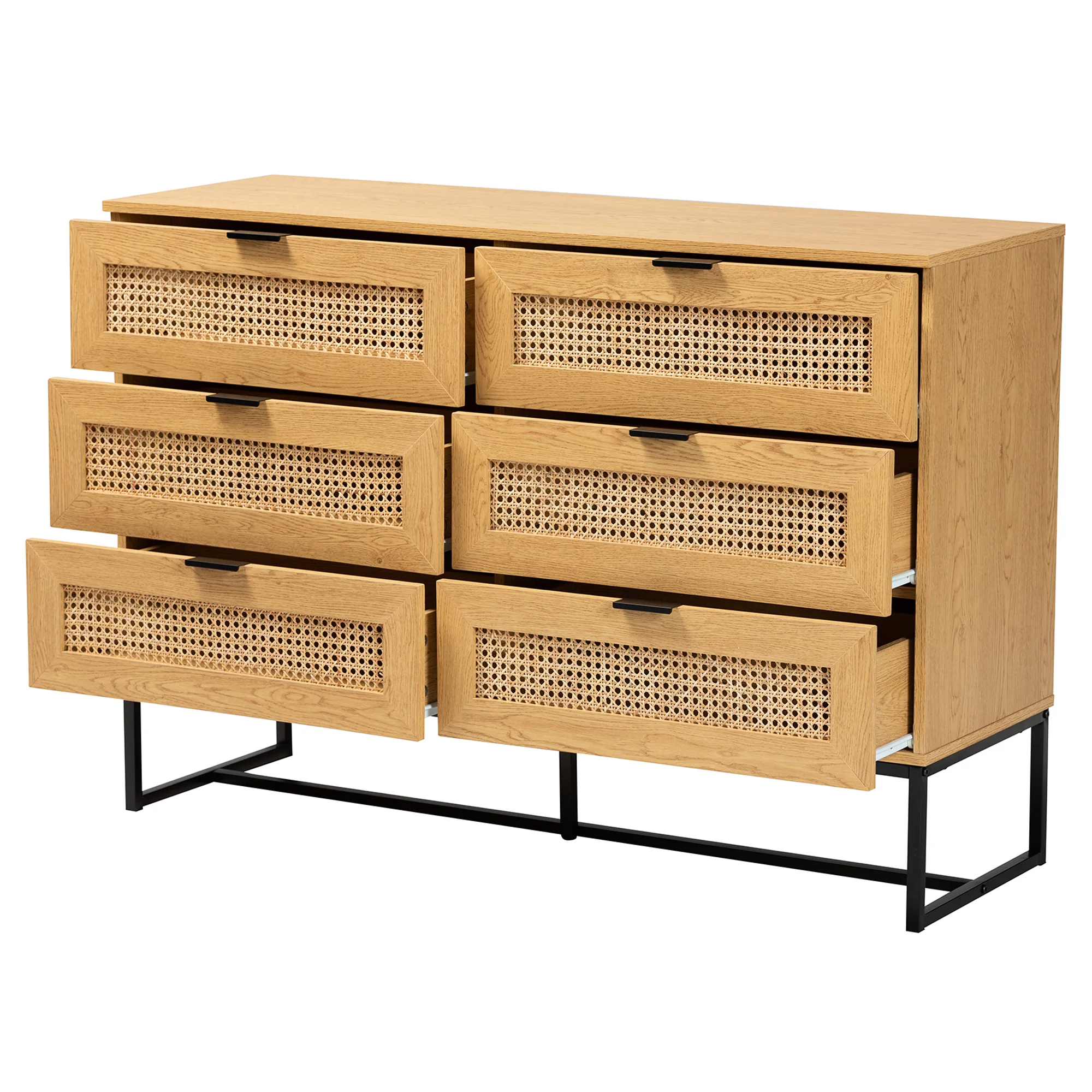 Baxton Studio Sawyer Mid-Century Modern Industrial Oak Brown Finished Wood and Black Metal 6-Drawer Storage Cabinet with Natural Rattan - Image 3
