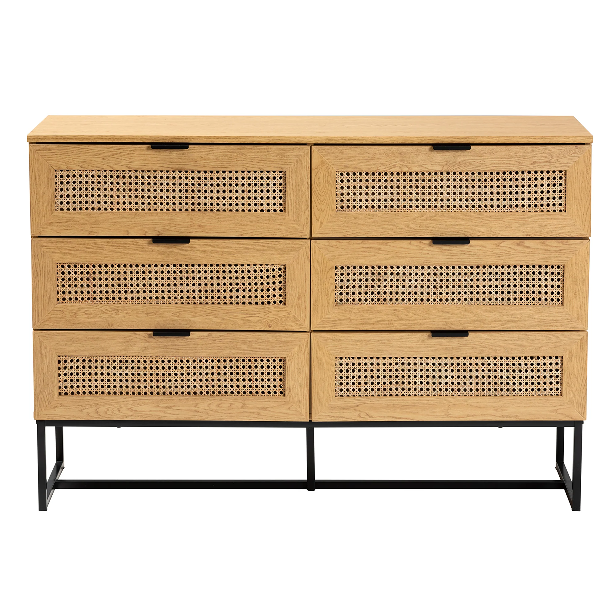 Baxton Studio Sawyer Mid-Century Modern Industrial Oak Brown Finished Wood and Black Metal 6-Drawer Storage Cabinet with Natural Rattan - Image 4