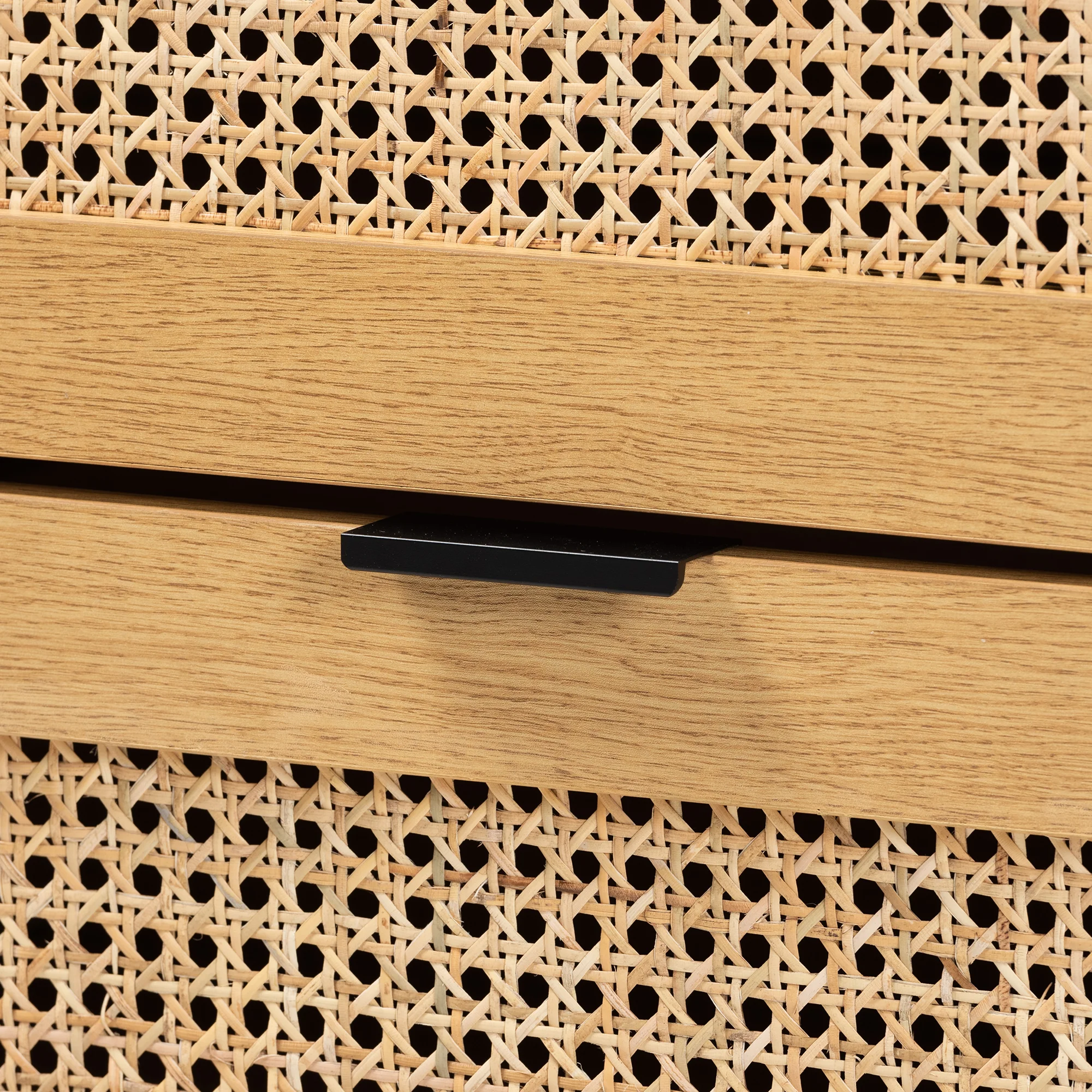 Baxton Studio Sawyer Mid-Century Modern Industrial Oak Brown Finished Wood and Black Metal 6-Drawer Storage Cabinet with Natural Rattan - Image 6