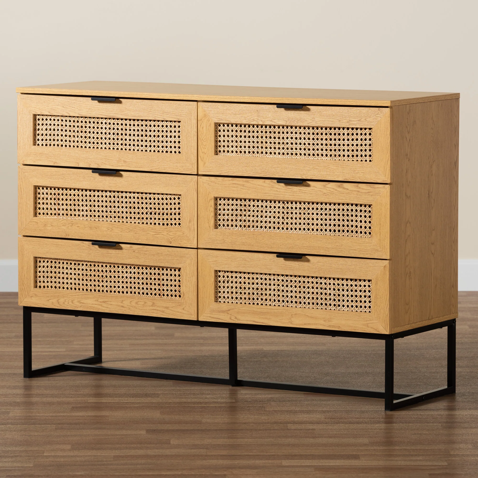 Baxton Studio Sawyer Mid-Century Modern Industrial Oak Brown Finished Wood and Black Metal 6-Drawer Storage Cabinet with Natural Rattan - Image 9