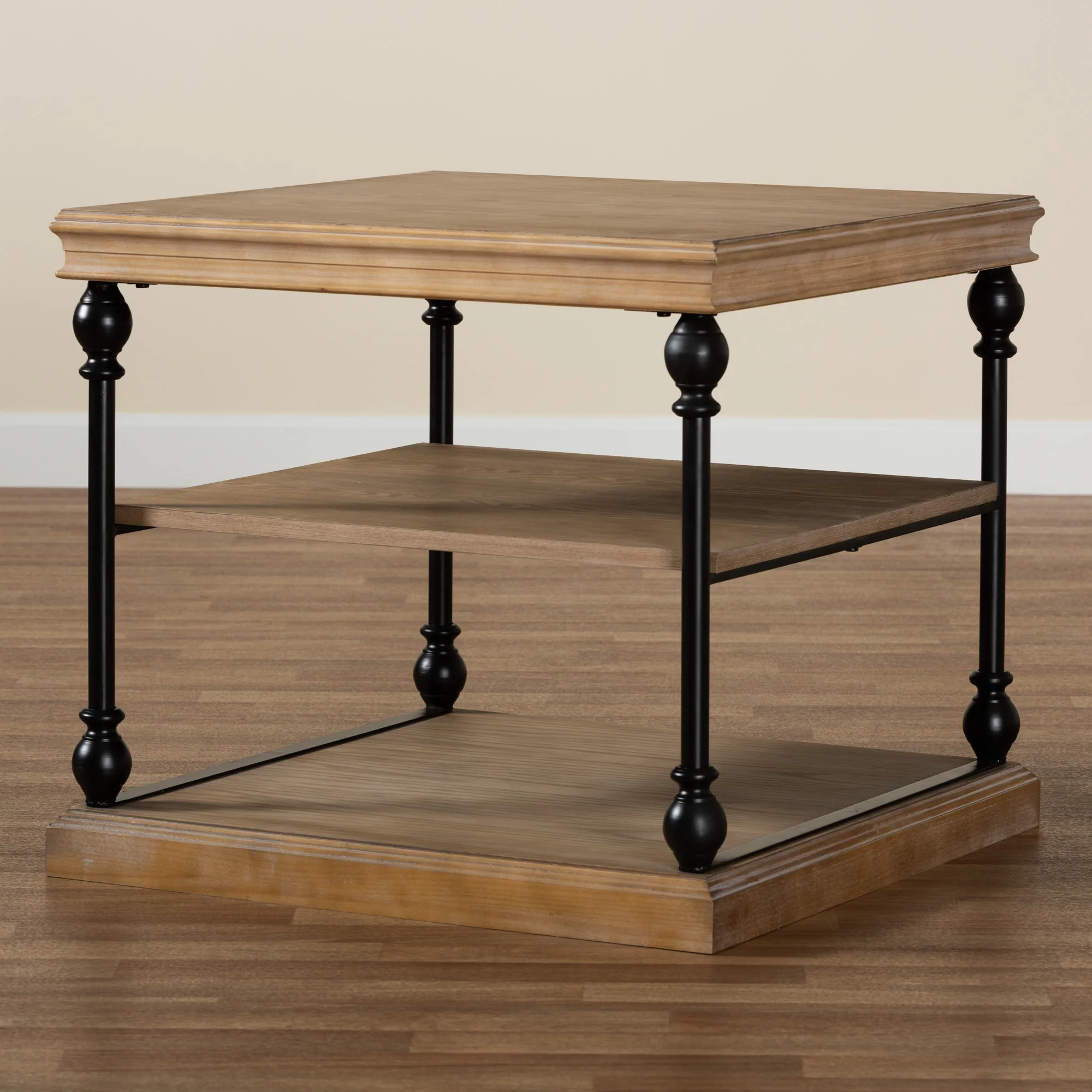 Baxton Studio Sebastian Traditional Industrial Greywashed Wood and Black Metal 3-Tier End Table - Image 7