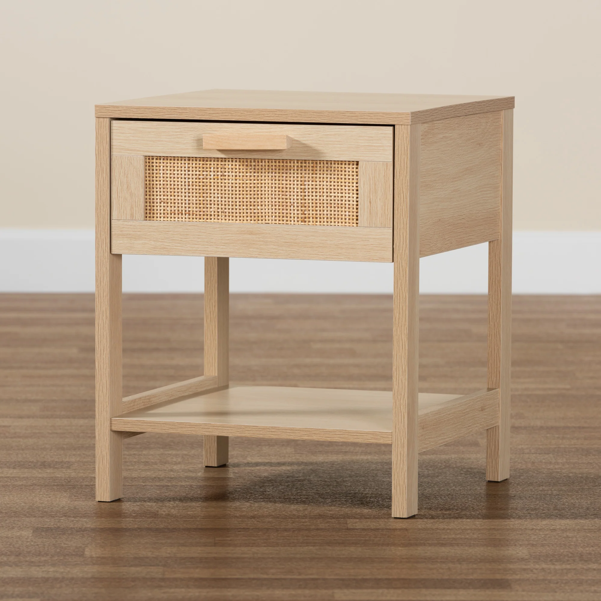 Baxton Studio Sebille Mid-Century Modern Light Brown Finished Wood 1-Drawer End Table with Natural Rattan - Image 2