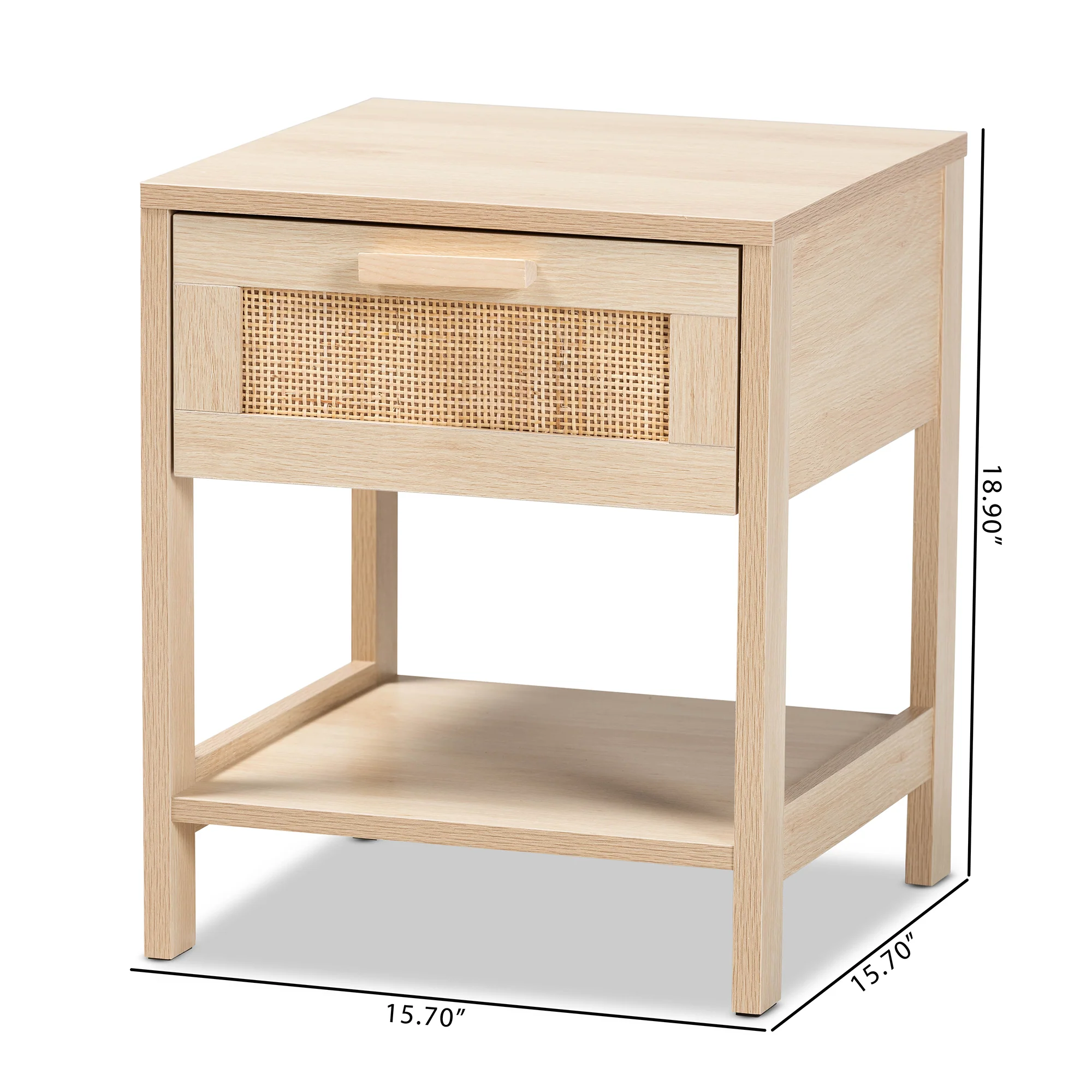 Baxton Studio Sebille Mid-Century Modern Light Brown Finished Wood 1-Drawer End Table with Natural Rattan - Image 3