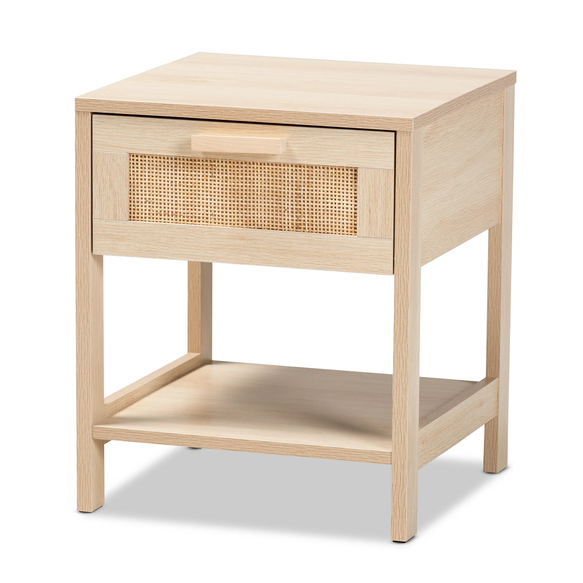 Baxton Studio Sebille Mid-Century Modern Light Brown Finished Wood 1-Drawer End Table with Natural Rattan - Image 4