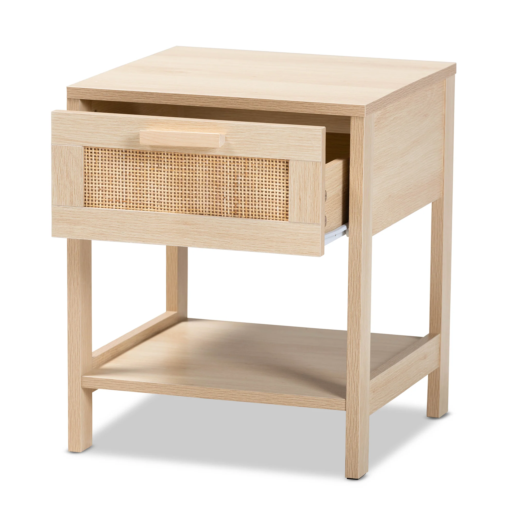 Baxton Studio Sebille Mid-Century Modern Light Brown Finished Wood 1-Drawer End Table with Natural Rattan - Image 5