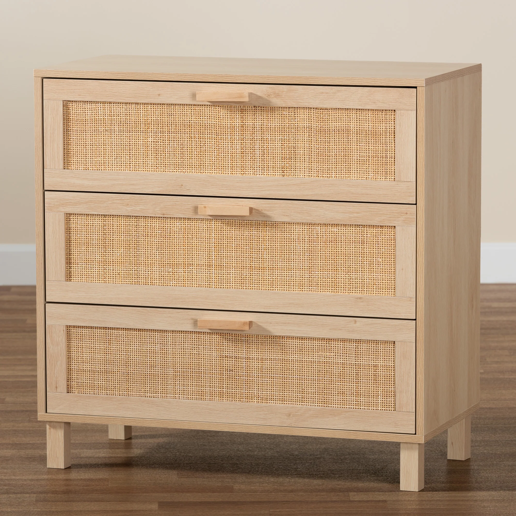 Baxton Studio Sebille Mid-Century Modern Light Brown Finished Wood 3-Drawer Storage Cabinet with Natural Rattan - Image 2