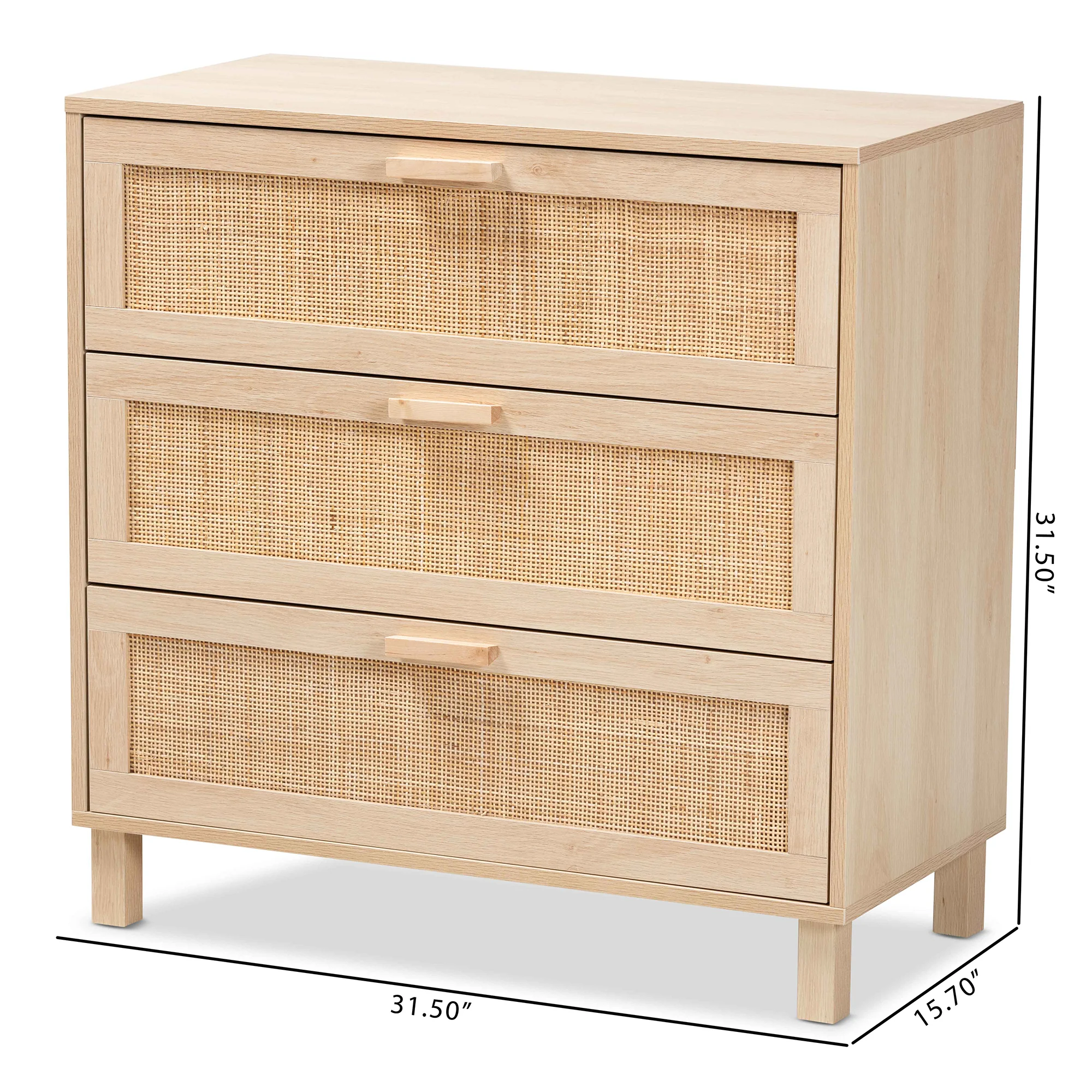 Baxton Studio Sebille Mid-Century Modern Light Brown Finished Wood 3-Drawer Storage Cabinet with Natural Rattan - Image 3