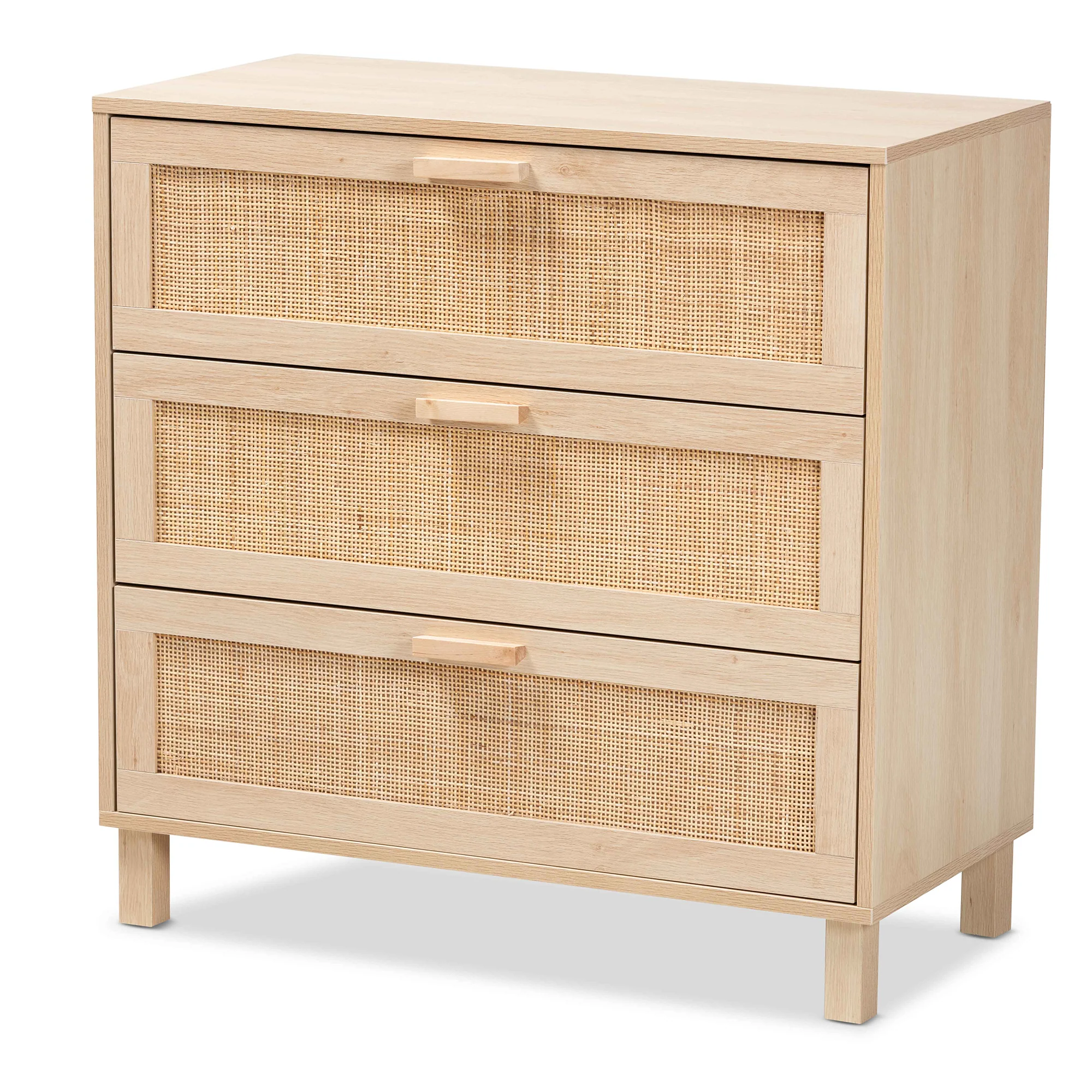 Baxton Studio Sebille Mid-Century Modern Light Brown Finished Wood 3-Drawer Storage Cabinet with Natural Rattan - Image 4