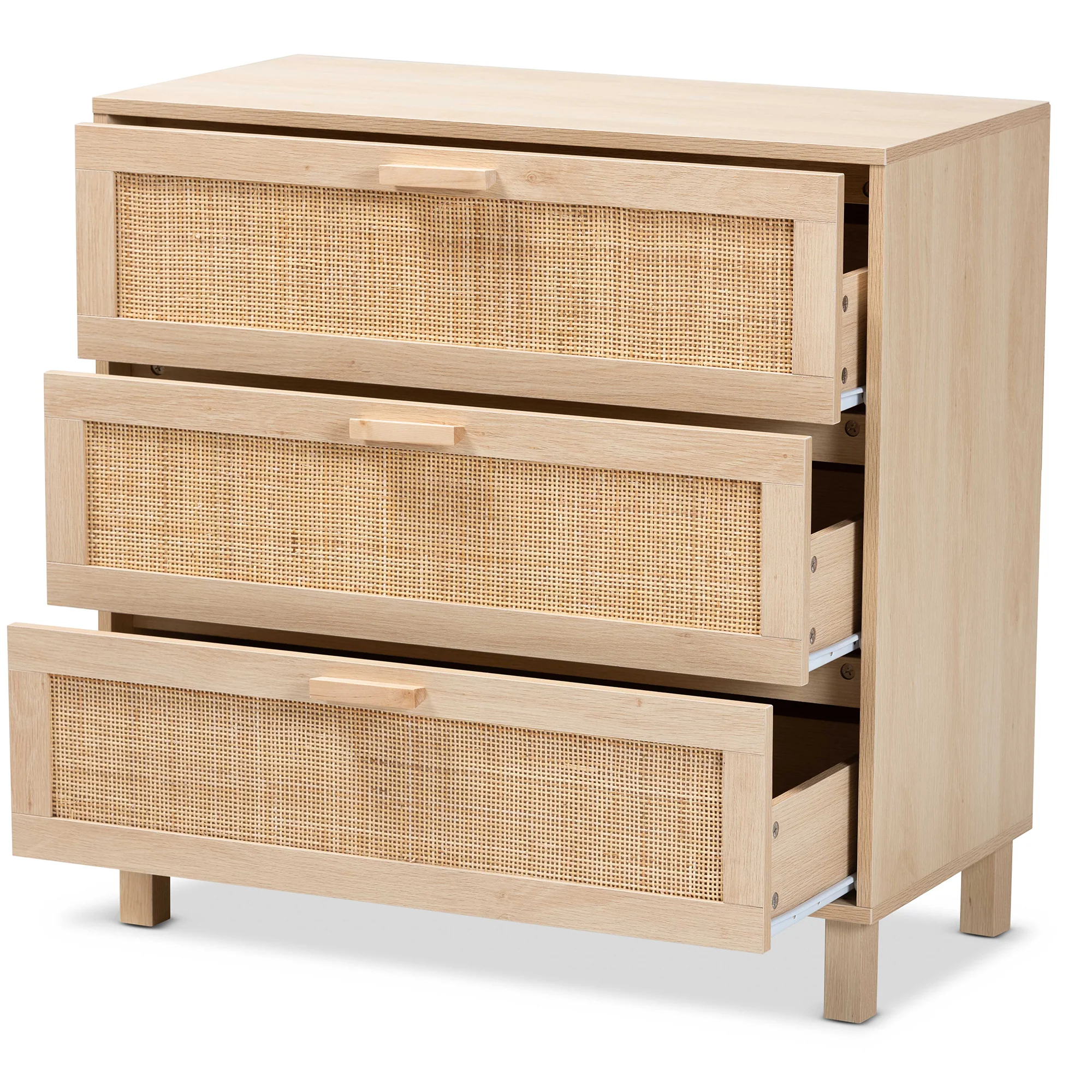 Baxton Studio Sebille Mid-Century Modern Light Brown Finished Wood 3-Drawer Storage Cabinet with Natural Rattan - Image 5