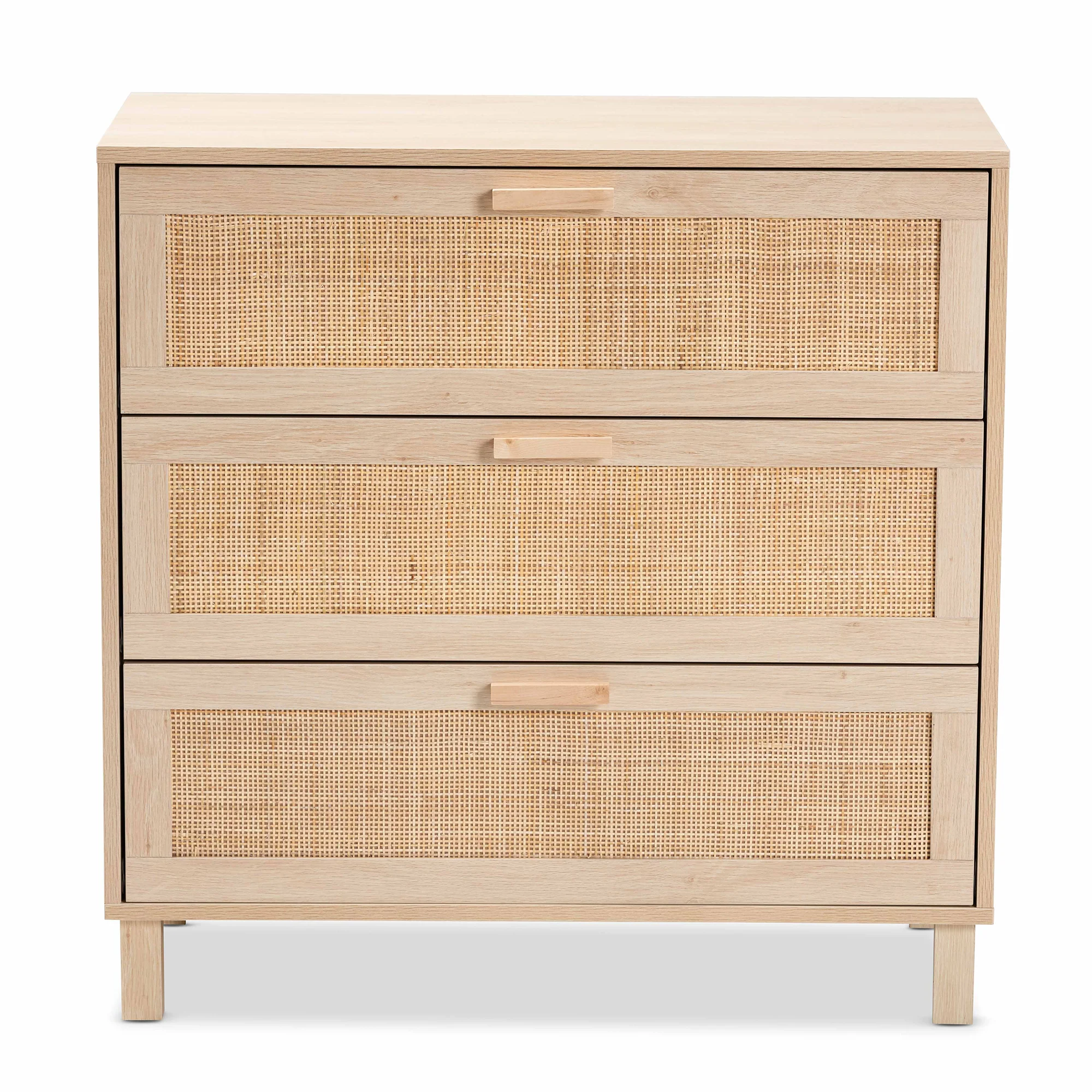 Baxton Studio Sebille Mid-Century Modern Light Brown Finished Wood 3-Drawer Storage Cabinet with Natural Rattan - Image 6