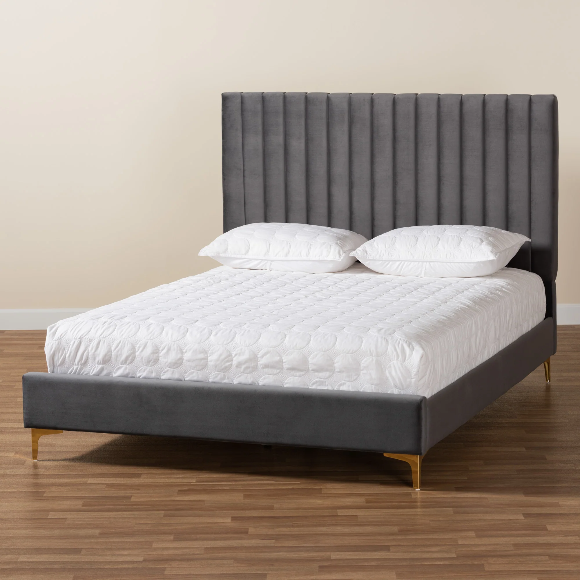 Baxton Studio Serrano Contemporary Glam and Luxe Grey Velvet Fabric Upholstered and Gold Metal Full Size Platform Bed - Image 10