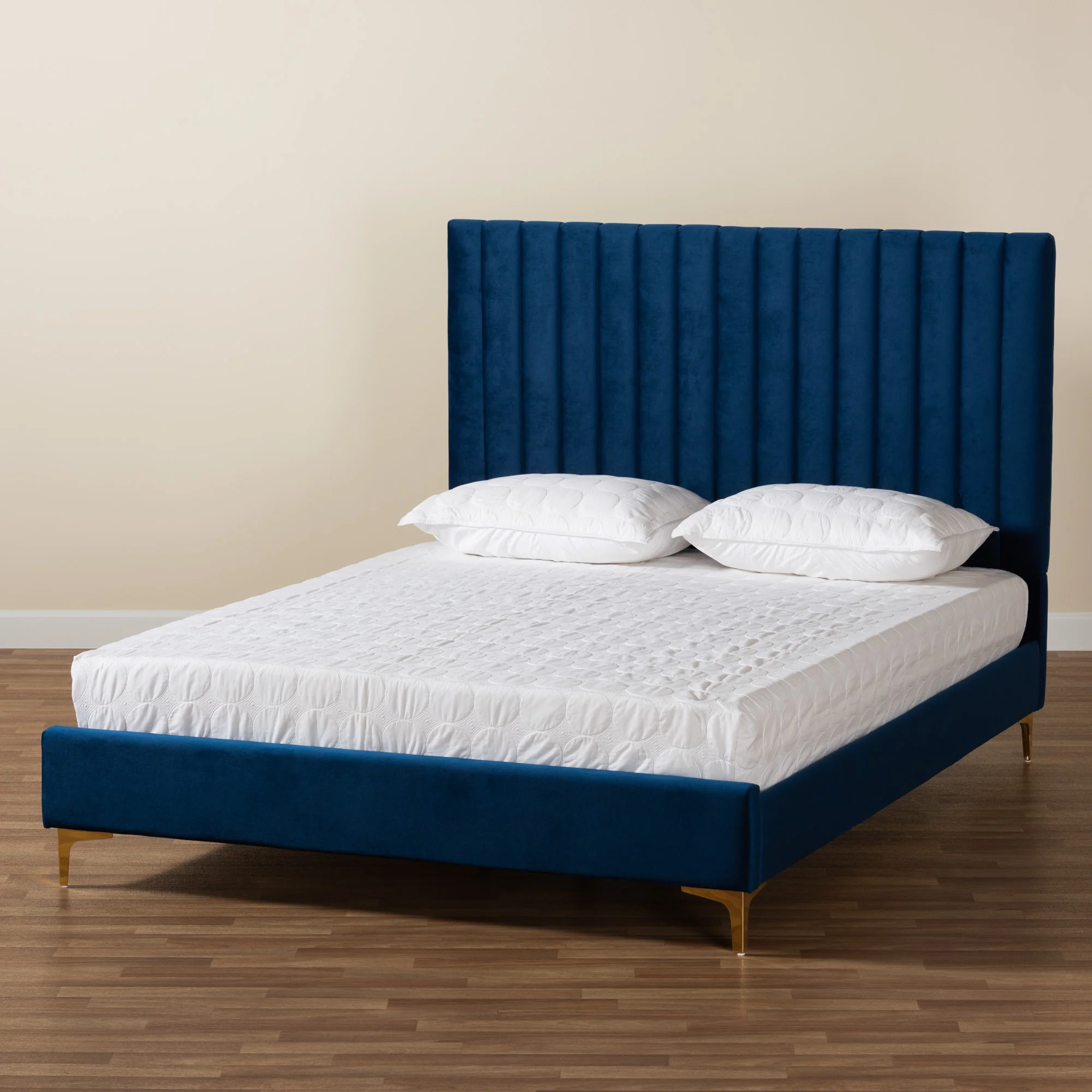 Baxton Studio Serrano Contemporary Glam and Luxe Navy Blue Velvet Fabric Upholstered and Gold Metal Queen Size Platform Bed - Image 10