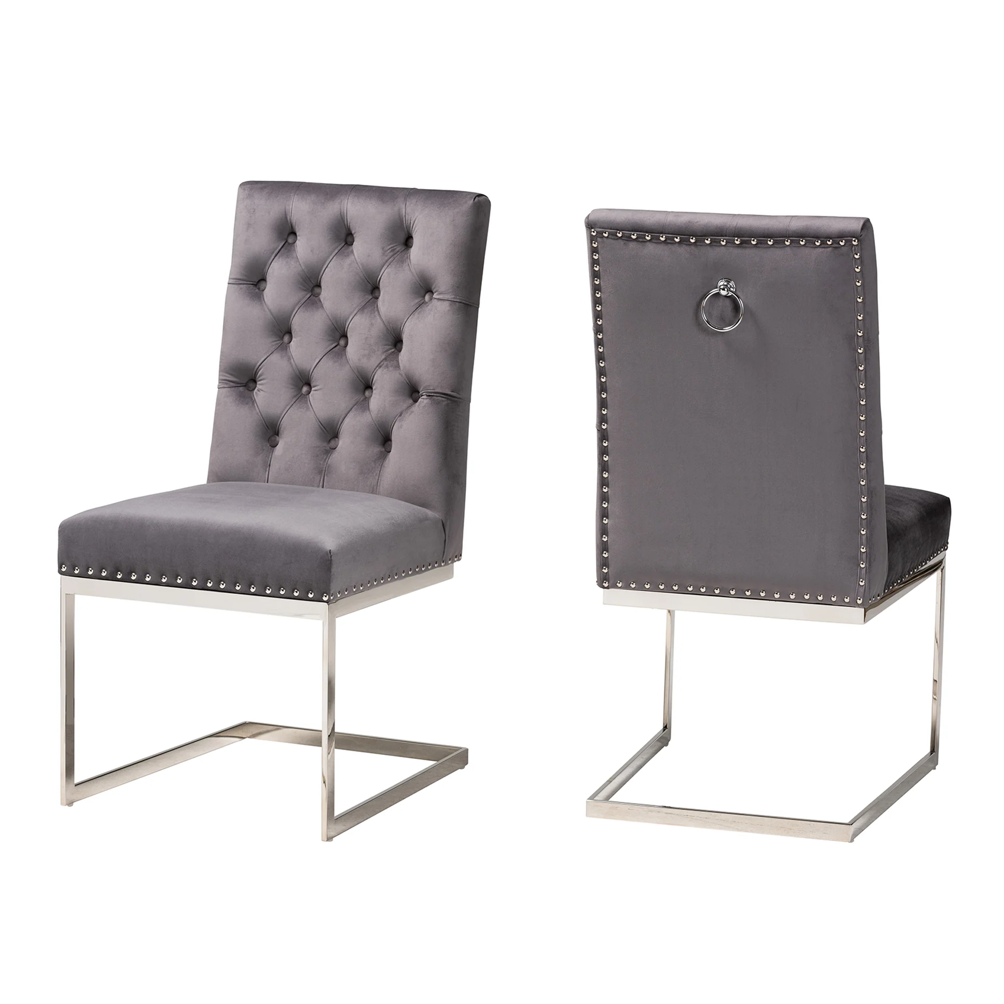 Baxton Studio Sherine Contemporary Glam and Luxe Grey Velvet Fabric and Silver Metal 2-Piece Dining Chair Set - Image 2