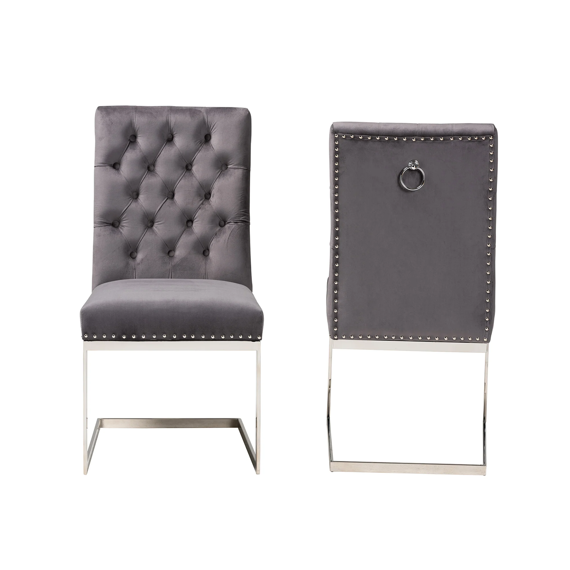 Baxton Studio Sherine Contemporary Glam and Luxe Grey Velvet Fabric and Silver Metal 2-Piece Dining Chair Set - Image 3