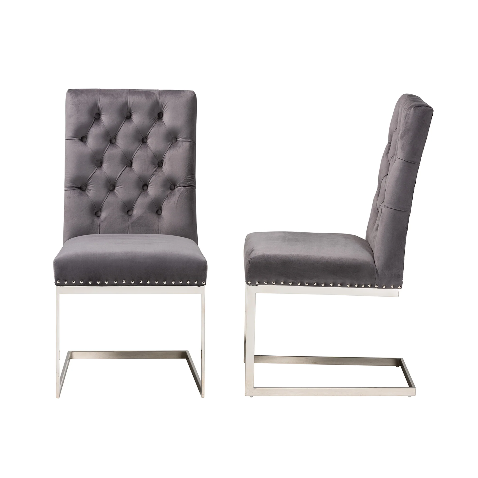 Baxton Studio Sherine Contemporary Glam and Luxe Grey Velvet Fabric and Silver Metal 2-Piece Dining Chair Set - Image 4