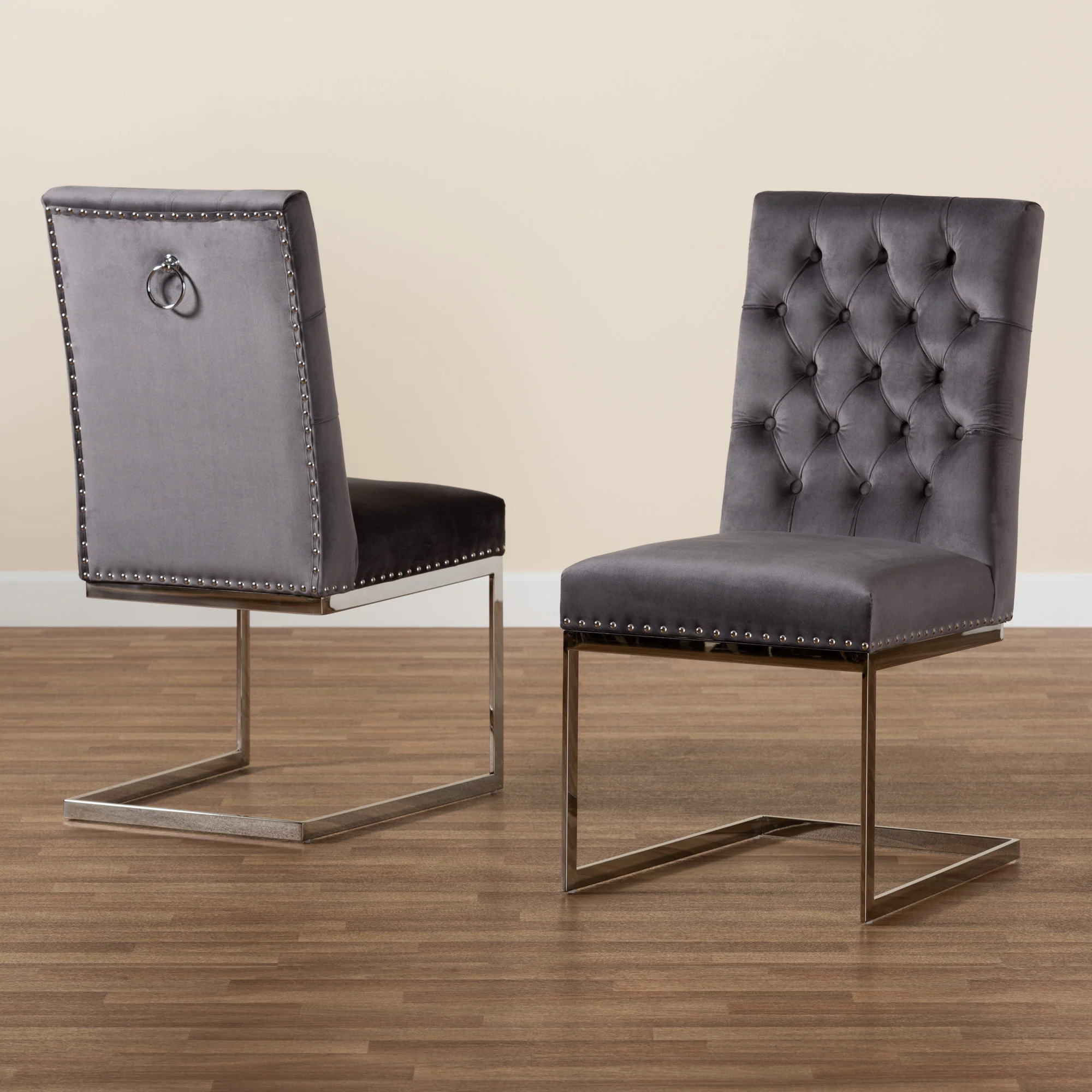 Baxton Studio Sherine Contemporary Glam and Luxe Grey Velvet Fabric and Silver Metal 2-Piece Dining Chair Set - Image 9