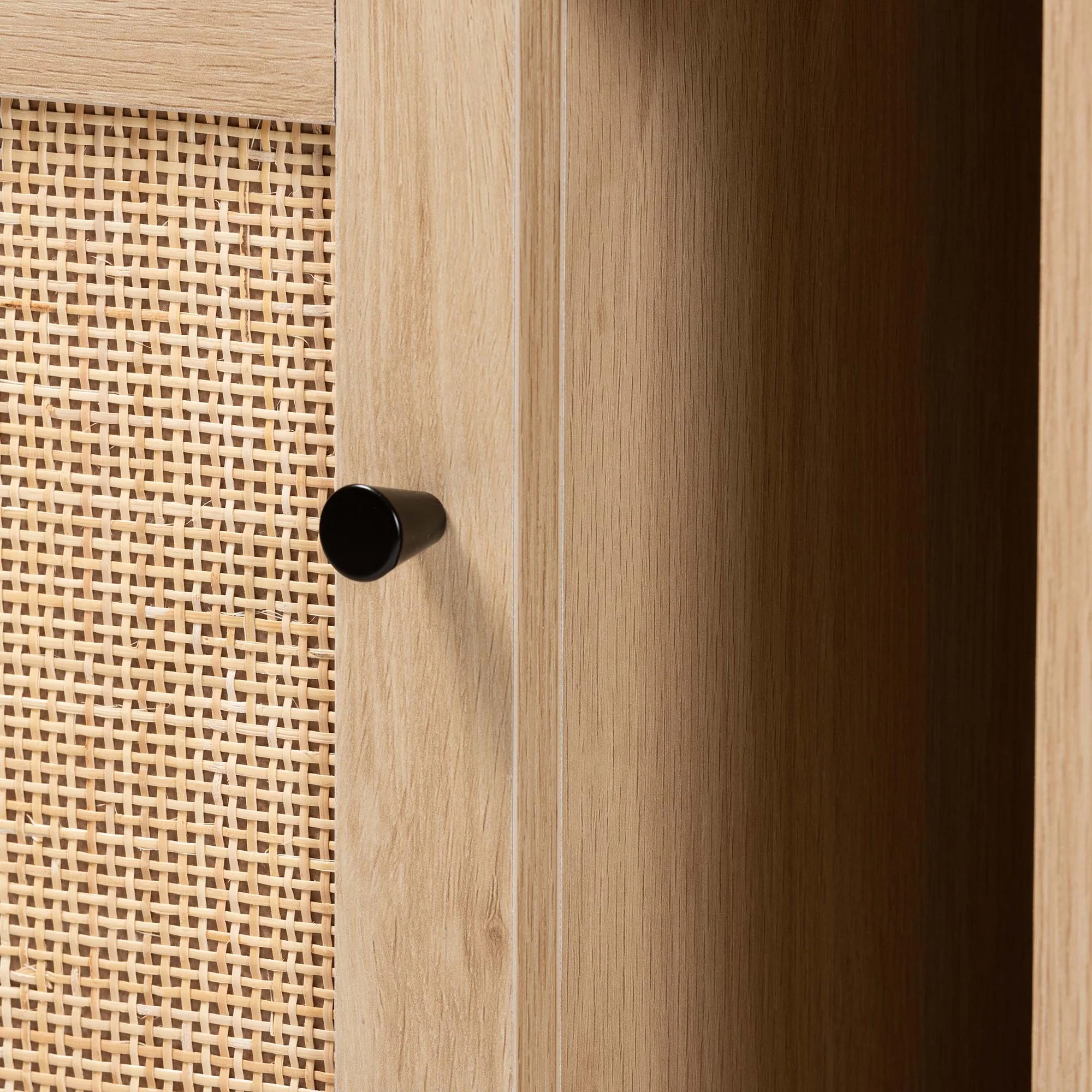 Baxton Studio Sherwin Mid-Century Modern Light Brown and Black 1-Door Cabinet with Woven Rattan Accent - Image 6