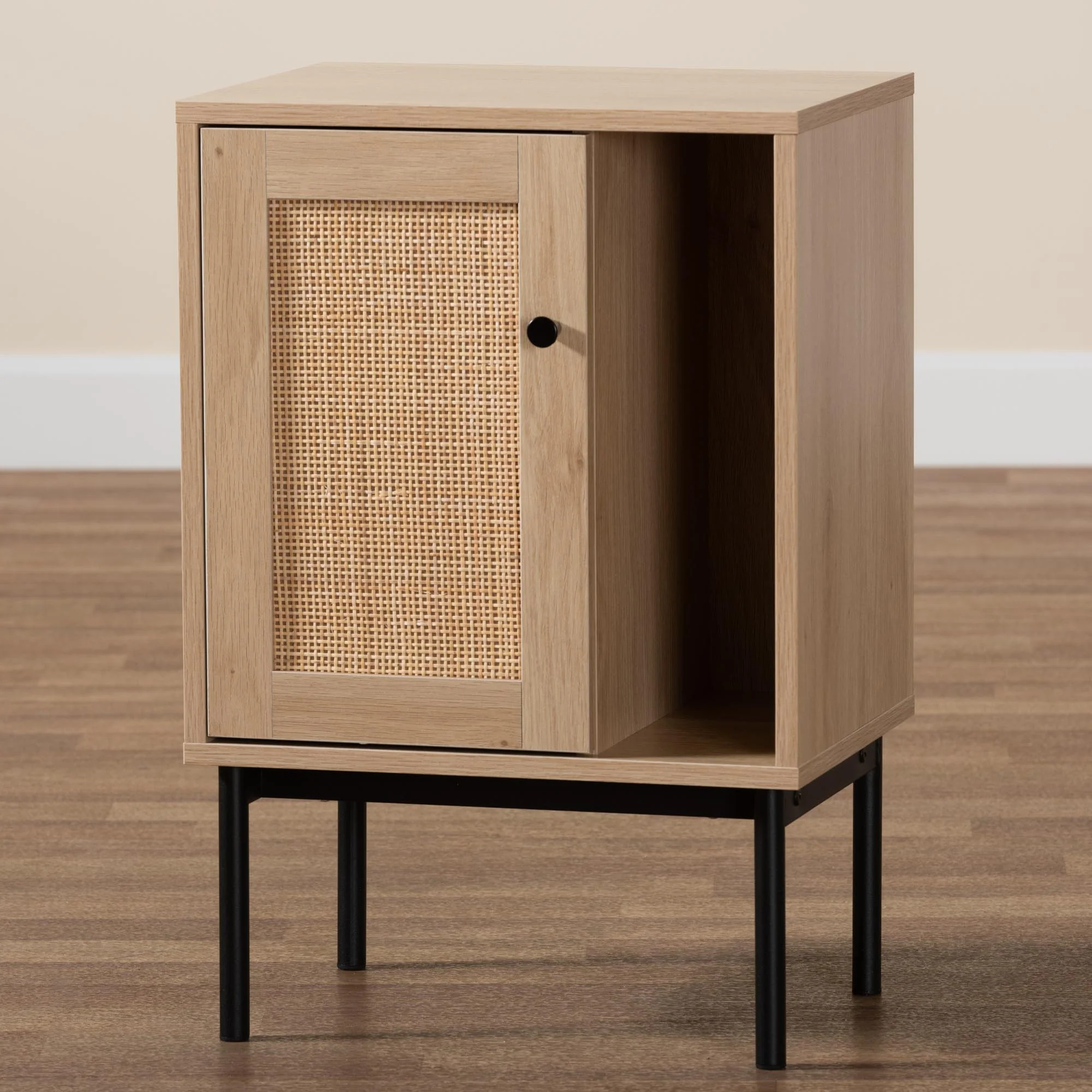 Baxton Studio Sherwin Mid-Century Modern Light Brown and Black 1-Door Cabinet with Woven Rattan Accent - Image 9