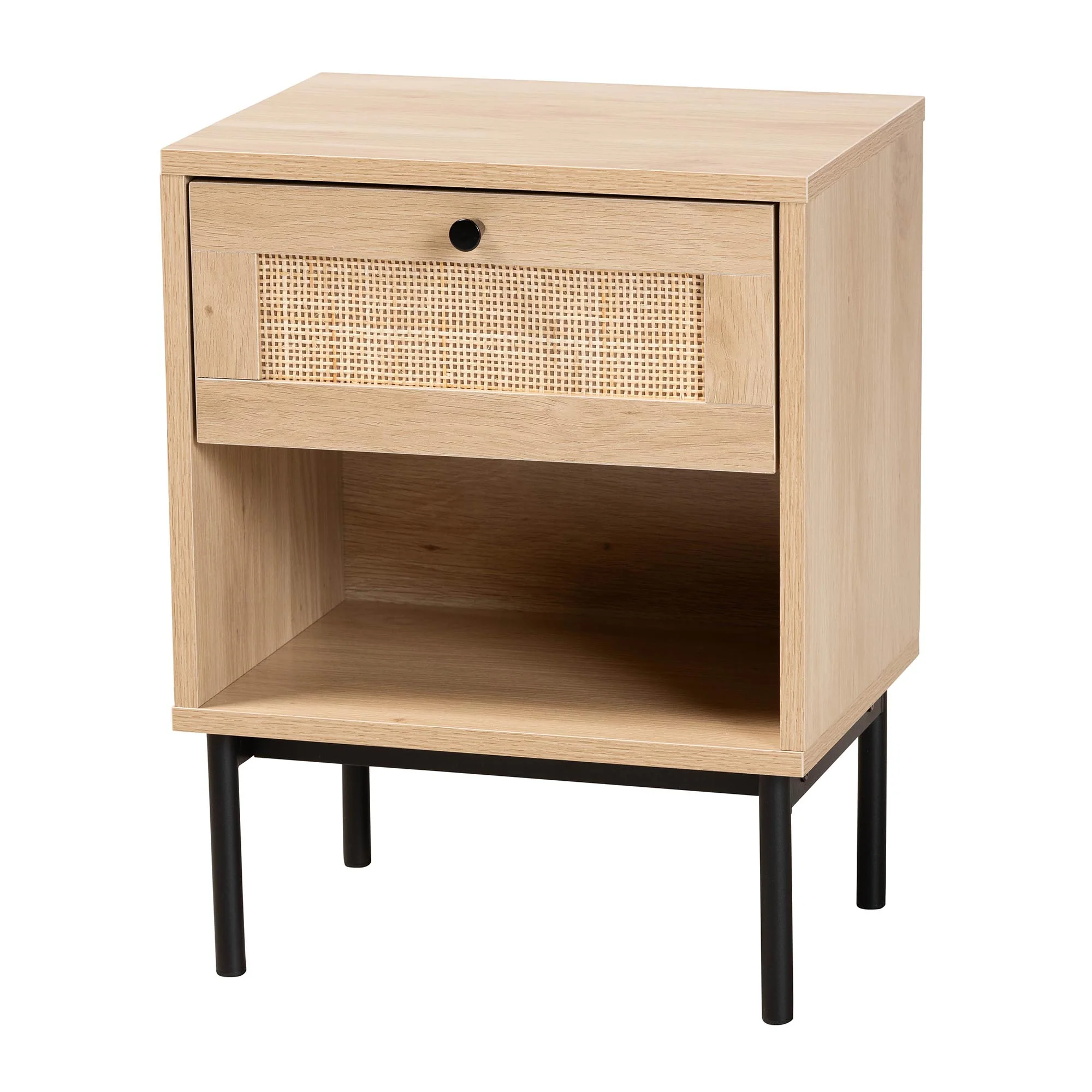 Baxton Studio Sherwin Mid-Century Modern Light Brown and Black 1-Drawer End Table with Woven Rattan Accent - Image 2