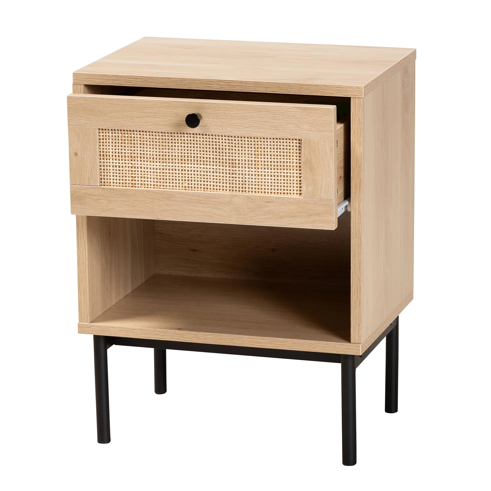 Baxton Studio Sherwin Mid-Century Modern Light Brown and Black 1-Drawer End Table with Woven Rattan Accent - Image 3