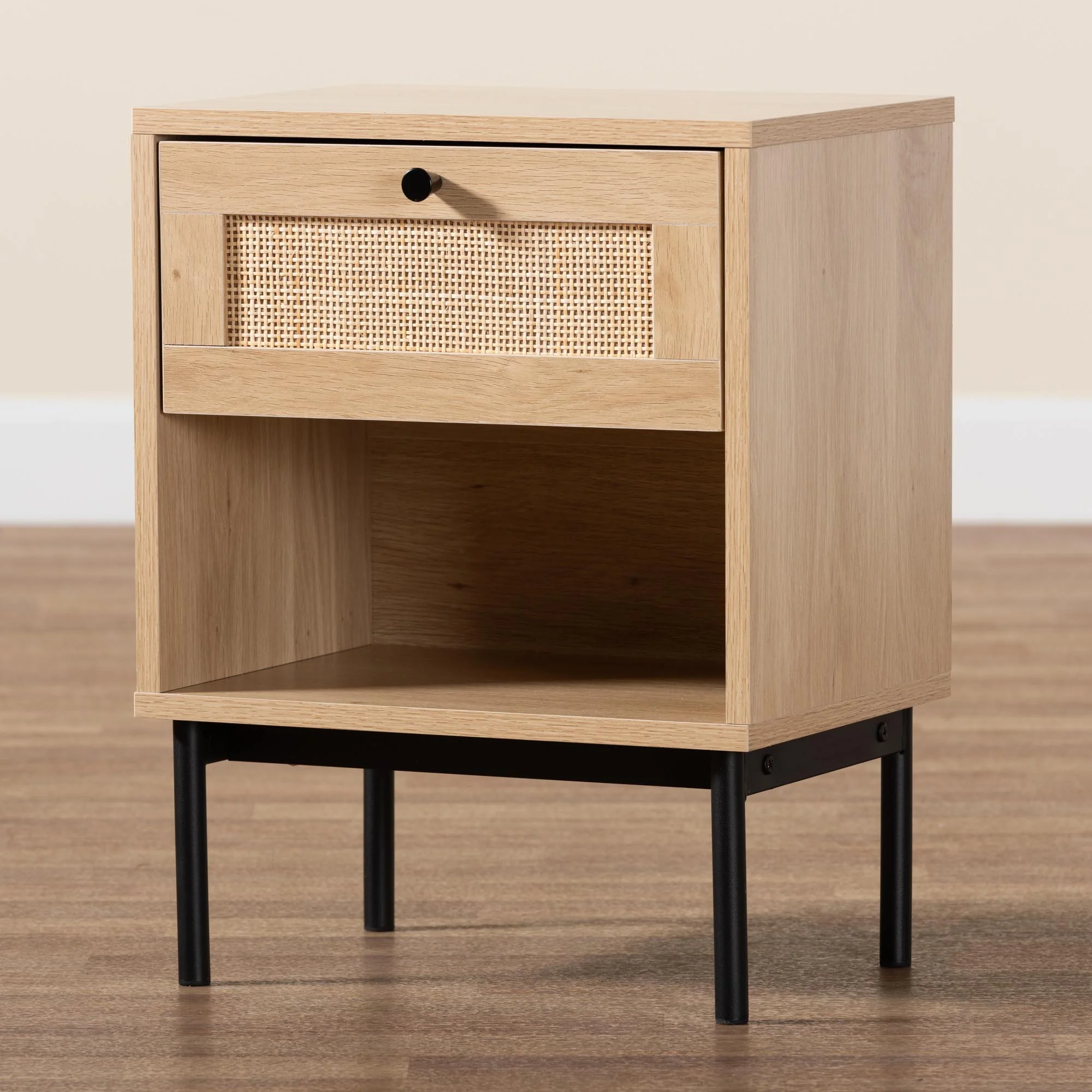 Baxton Studio Sherwin Mid-Century Modern Light Brown and Black 1-Drawer End Table with Woven Rattan Accent - Image 9