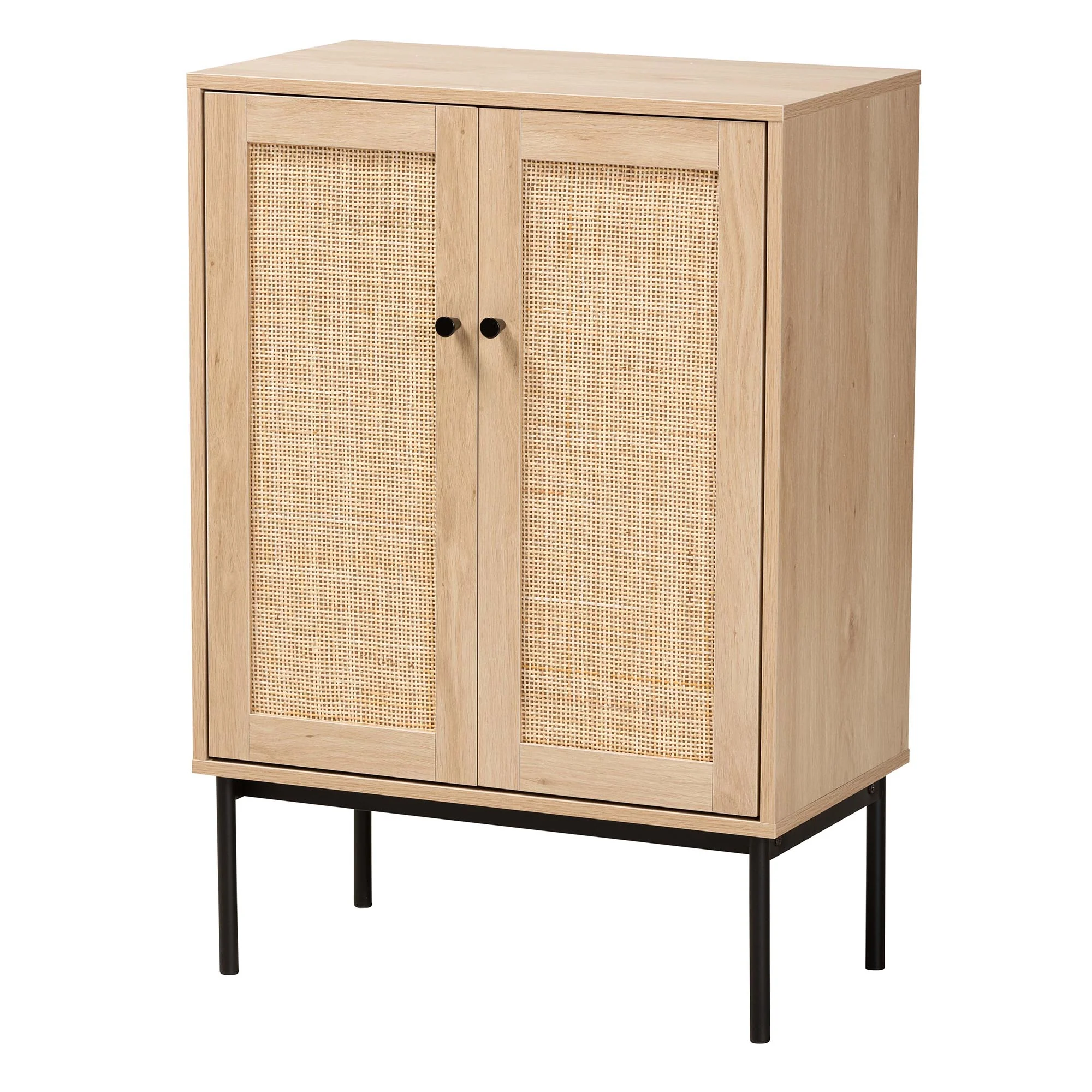 Baxton Studio Sherwin Mid-Century Modern Light Brown and Black 2-Door Storage Cabinet with Woven Rattan Accent - Image 2