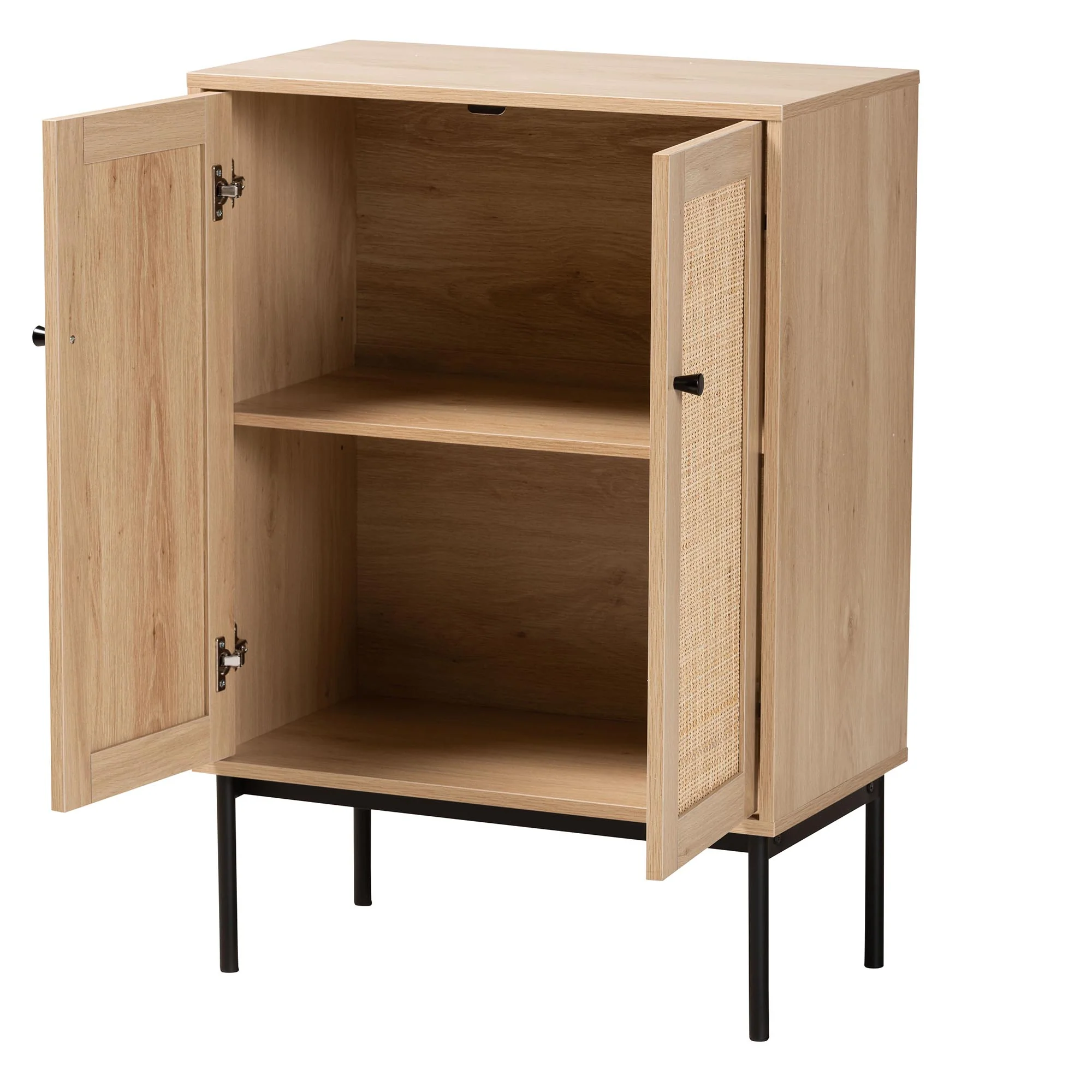 Baxton Studio Sherwin Mid-Century Modern Light Brown and Black 2-Door Storage Cabinet with Woven Rattan Accent - Image 3