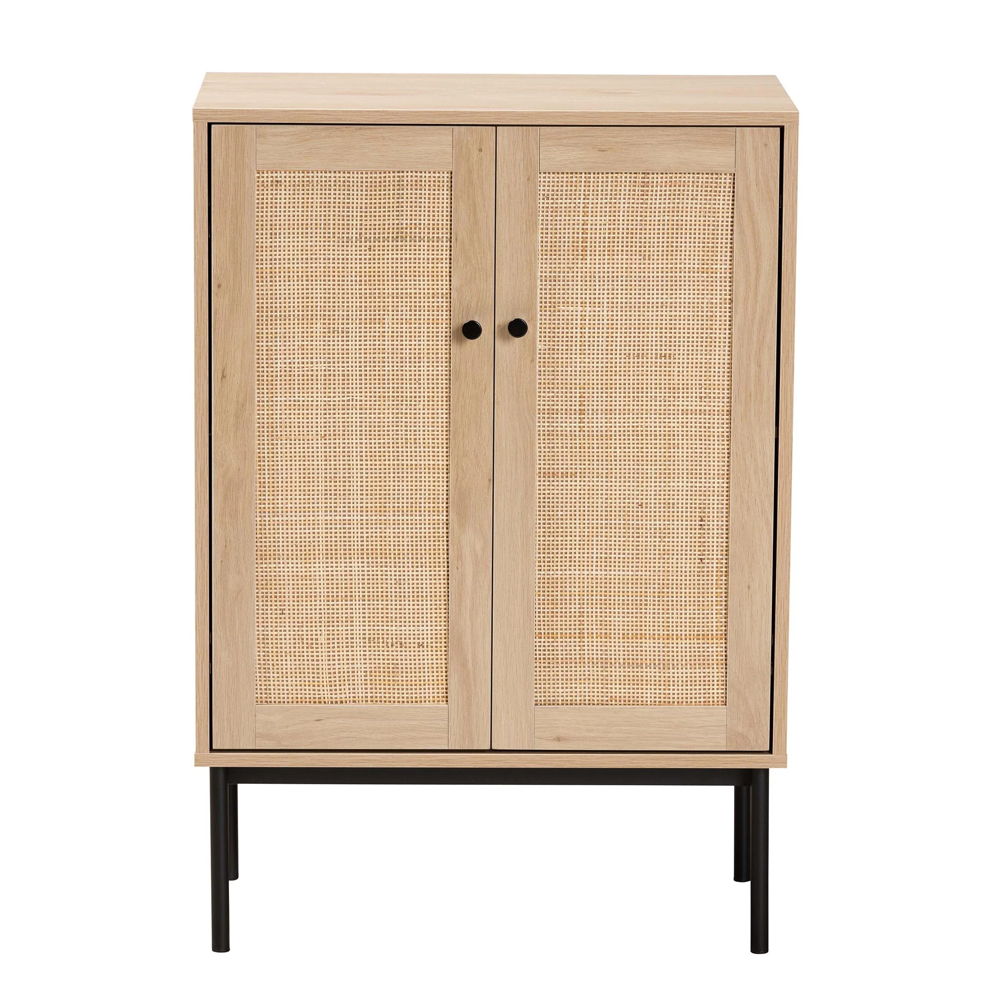 Baxton Studio Sherwin Mid-Century Modern Light Brown and Black 2-Door Storage Cabinet with Woven Rattan Accent - Image 4