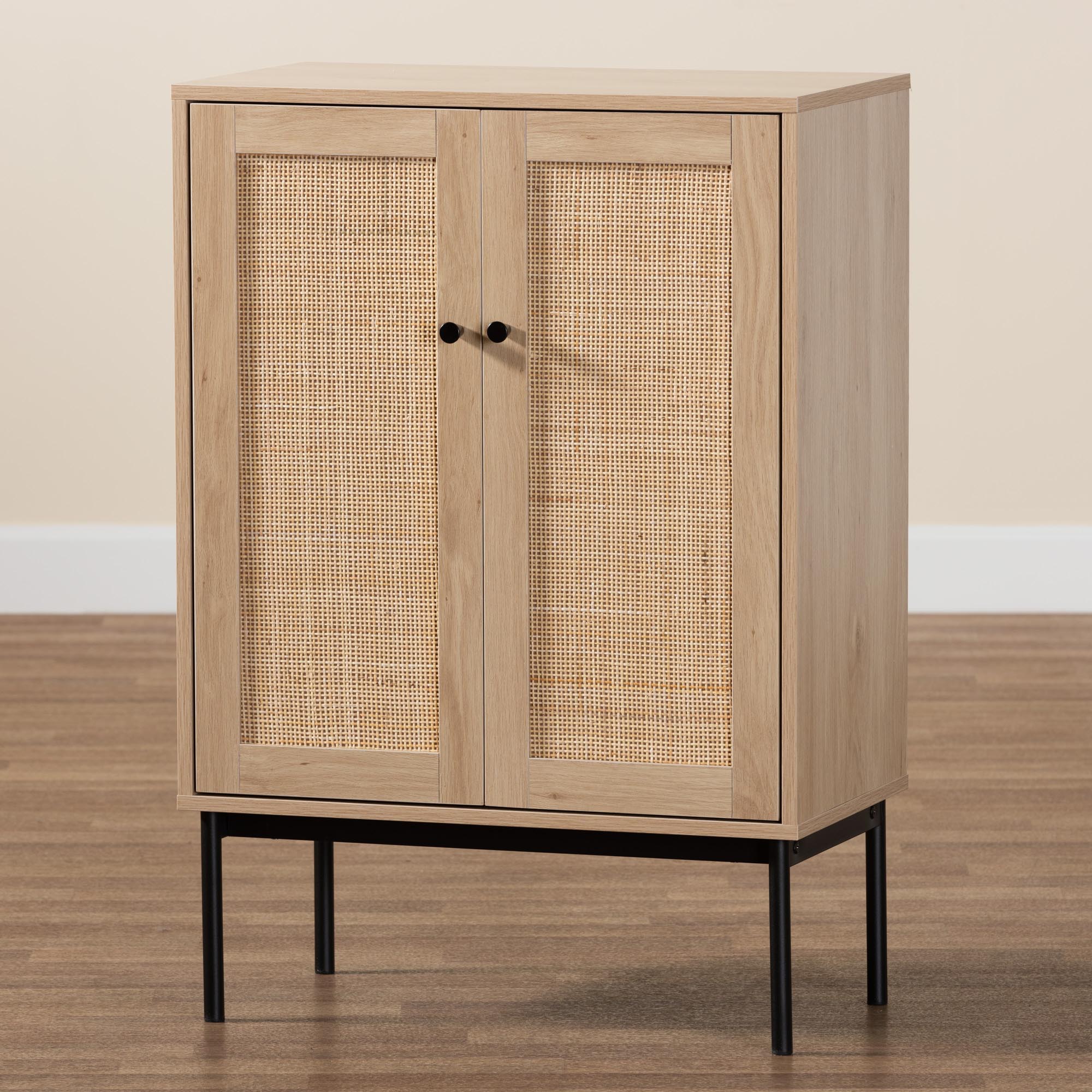 Baxton Studio Sherwin Mid-Century Modern Light Brown and Black 2-Door Storage Cabinet with Woven Rattan Accent - Image 9
