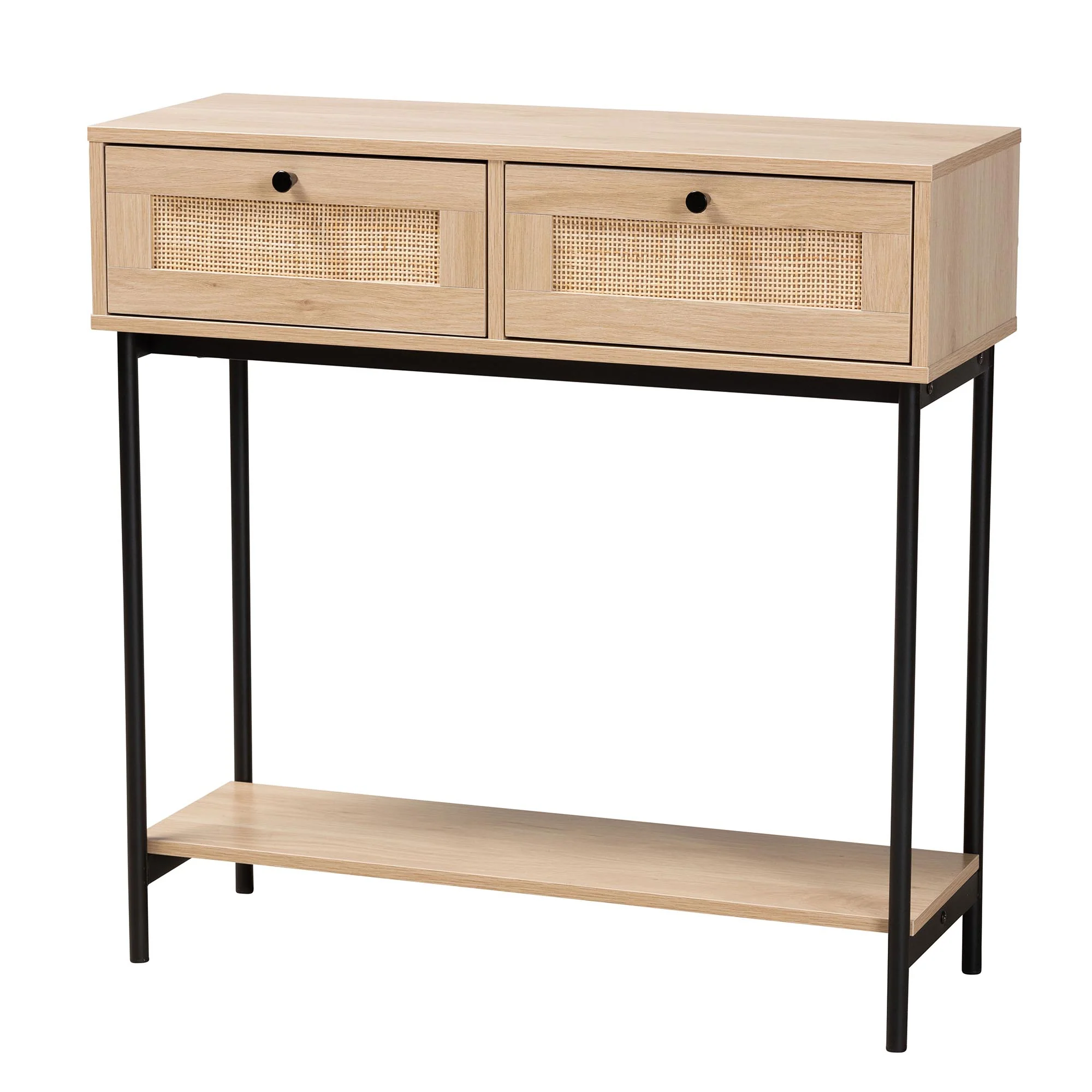 Baxton Studio Sherwin Mid-Century Modern Light Brown and Black 2-Drawer Console Table with Woven Rattan Accent - Image 2