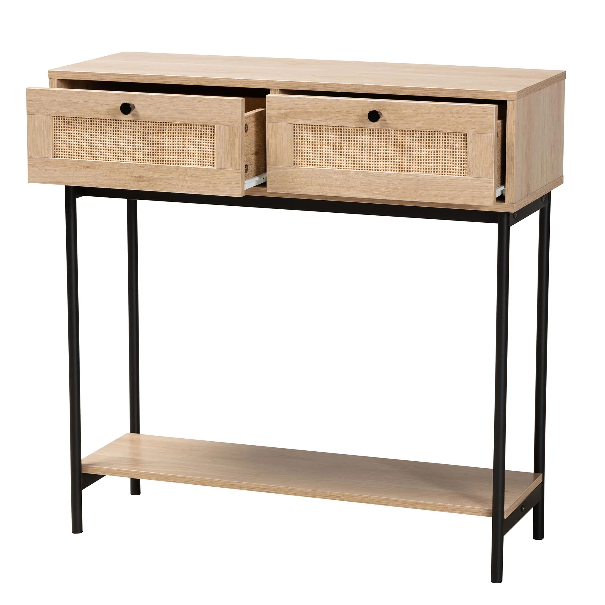 Baxton Studio Sherwin Mid-Century Modern Light Brown and Black 2-Drawer Console Table with Woven Rattan Accent - Image 3